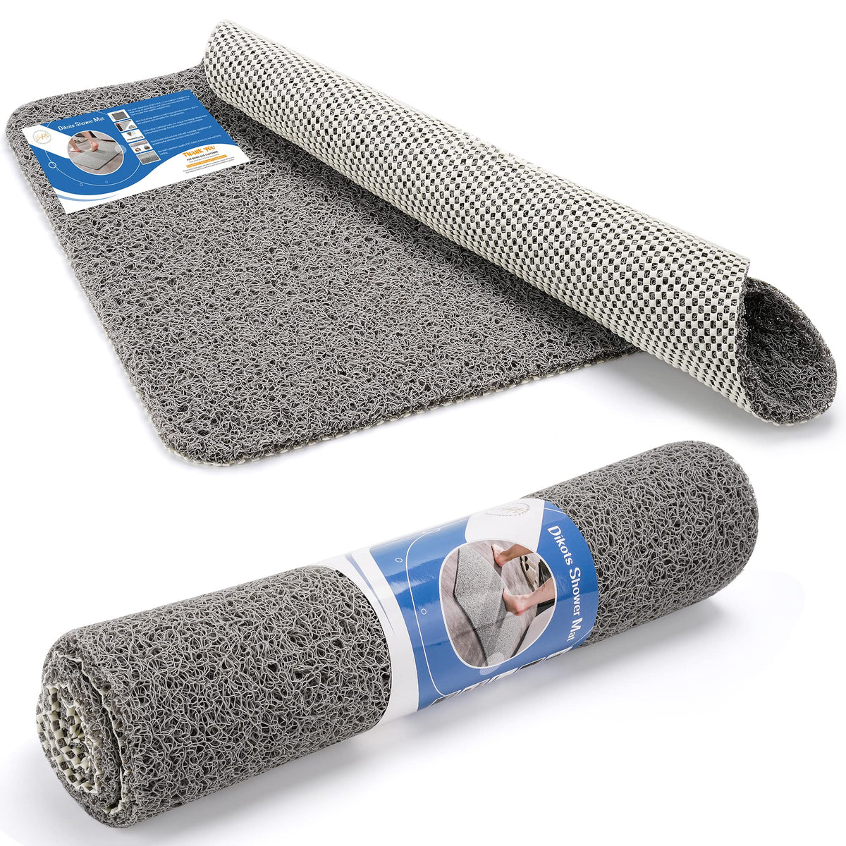 Dikots Soft Shower Bath Mat - Non Slip, Anti Mould 60 x 40 cm - Grey Loofah Style PVC Mat for Inside Shower - Washable, Quick Drying