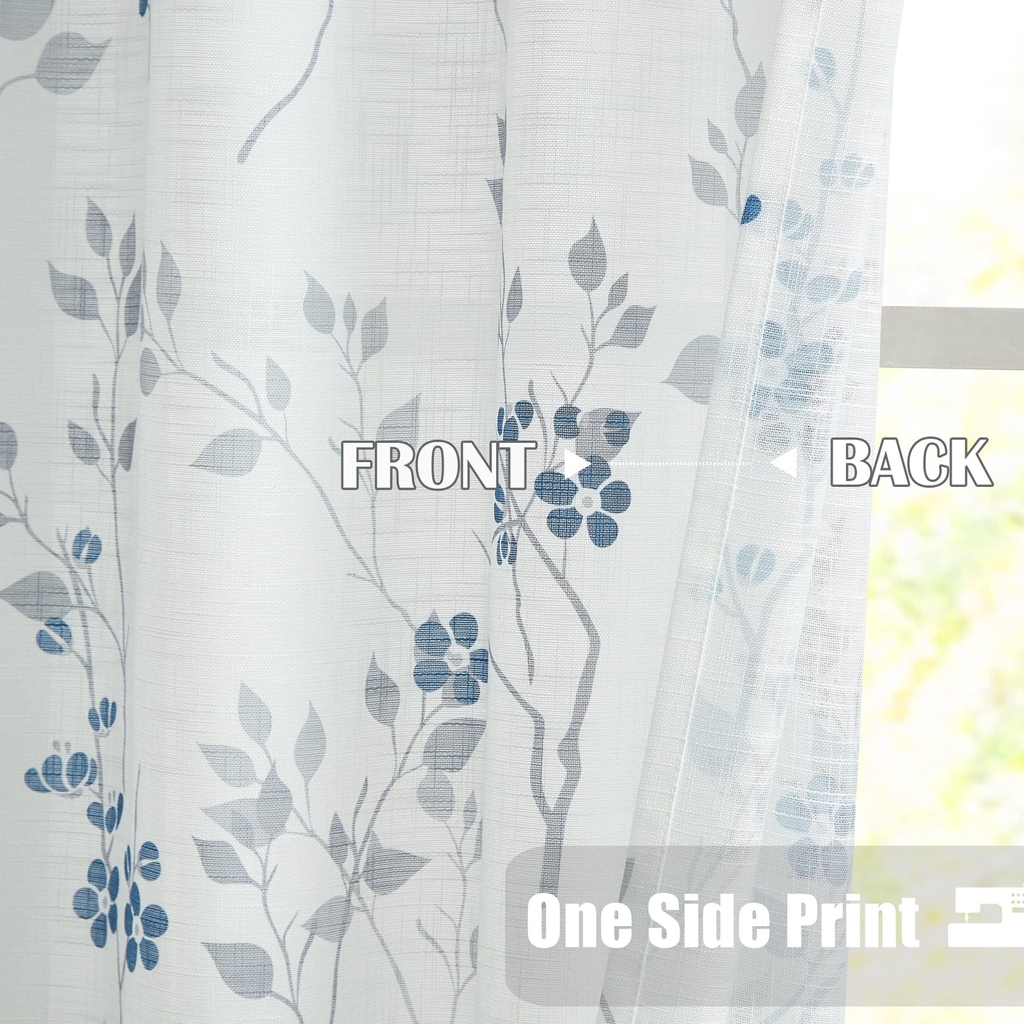 Beauoop Blue Grey Semi Sheer Floral Curtains for Living Room 90 Drop Linen Textured Farmhouse Curtains for Bedroom Leaf Printed Eyelet Rustic Drapes