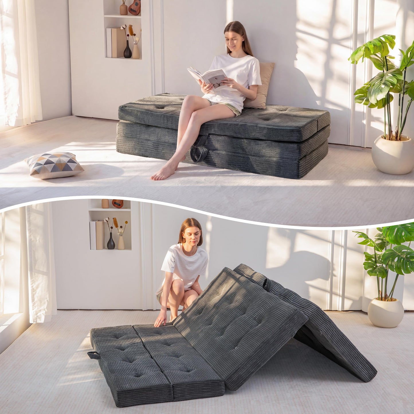 MAXYOYO Folding Mattress Double, Comfy Foldable Sofa Couch Bed, Guest Mattress with Handles Floor Futon Sofa Bed for Guest