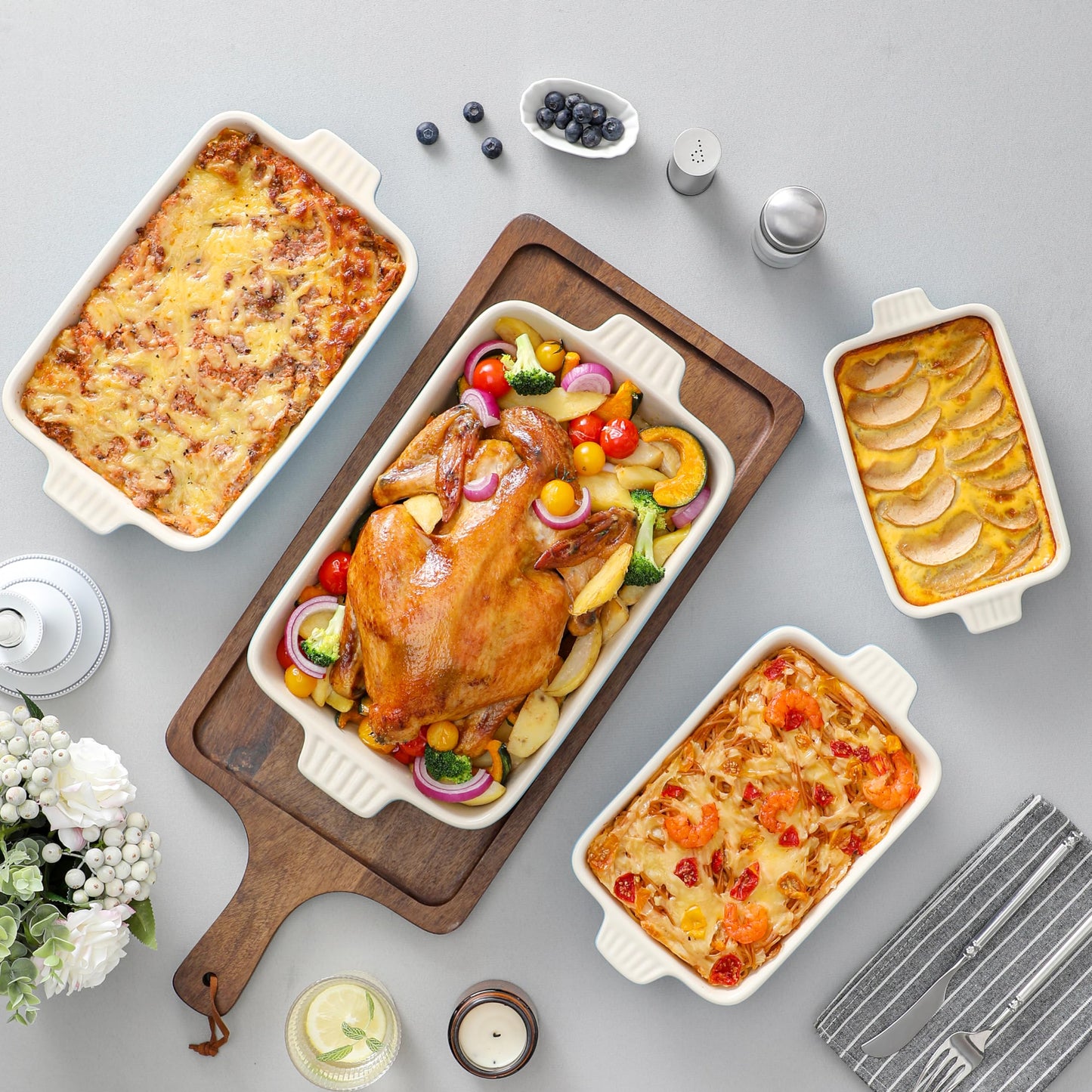 MALACASA, Series Bake, Rectangular Baking Dish Set of 4 (9"/11"/12"/14"), Oven to Table Baking Dish with Ceramic Handles Ideal for