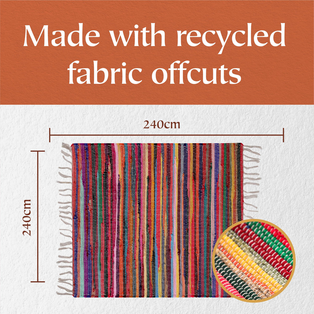 Second Nature Online - SHANTI Multi Coloured Rug | Hand Woven | Eco-Friendly: 100% Recycled Fabric | Ethically Sourced | Flat Weave (240 cm x 240 cm)