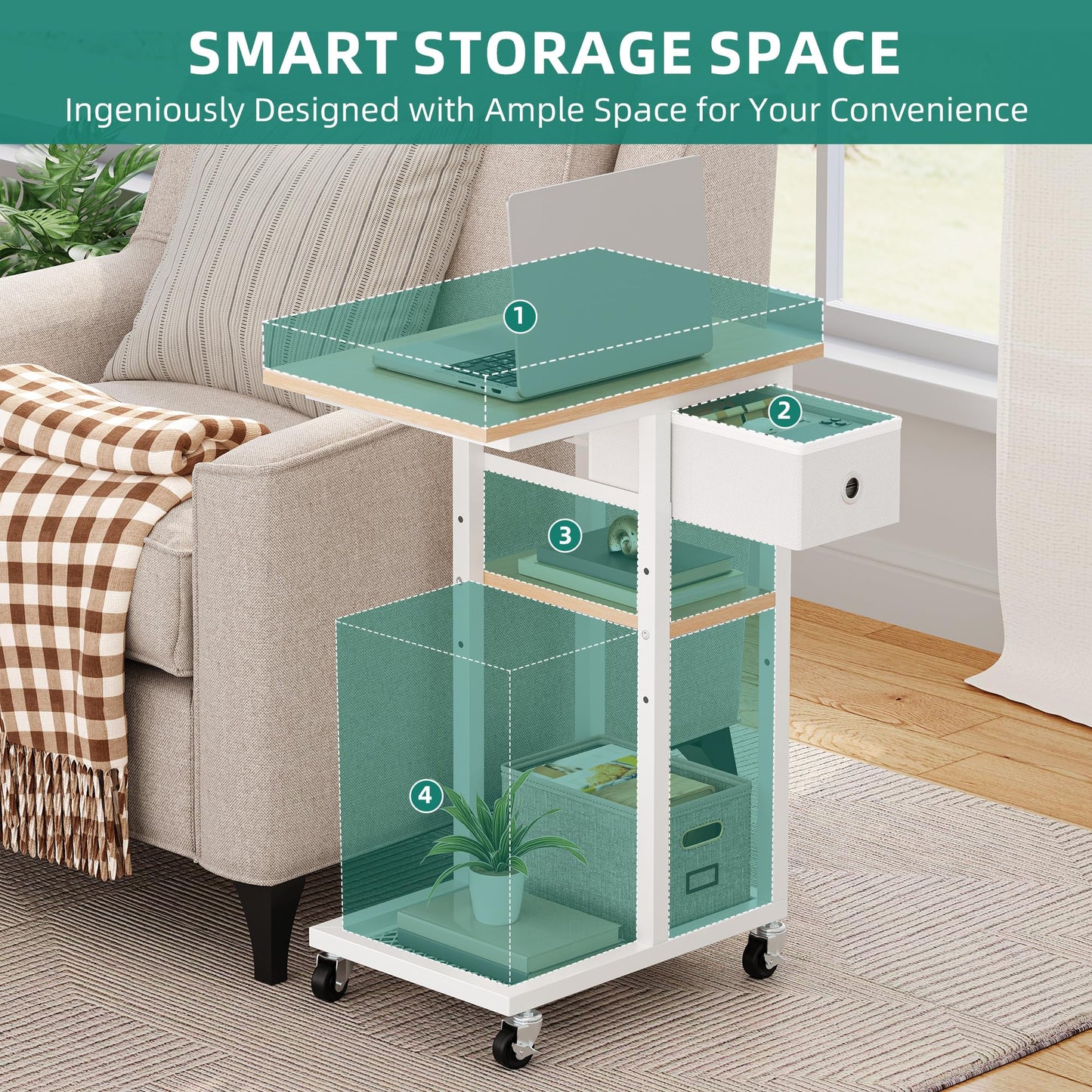 YITAHOME 2PCS C-Shaped Slim Sofa End Table with Fabric Drawer, Oak