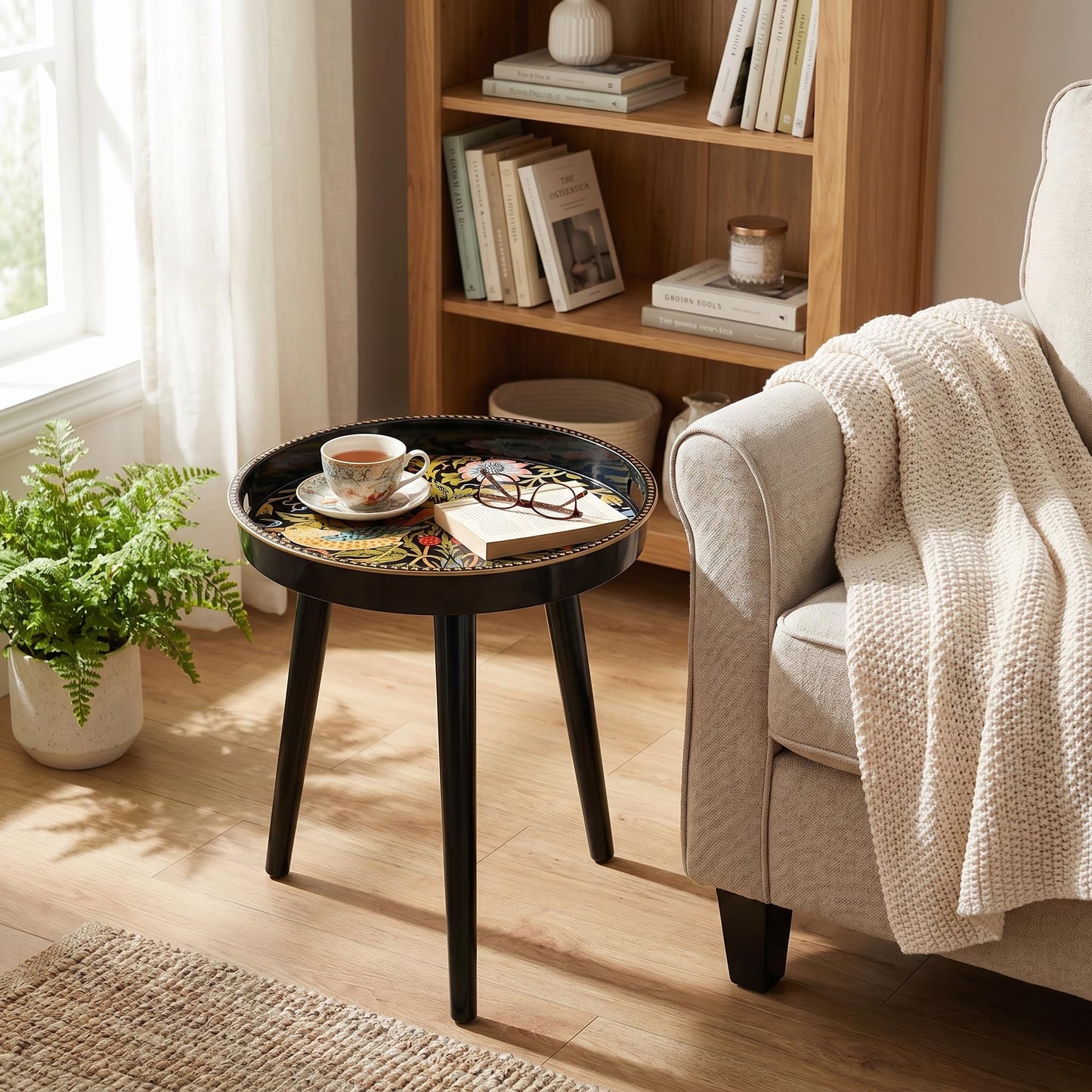 Simmer Stone Round Indoor Side Tables with Detachable Wooden 3 Legs, Versatile Tray Table, Perfect For Round Coffee Table Tea