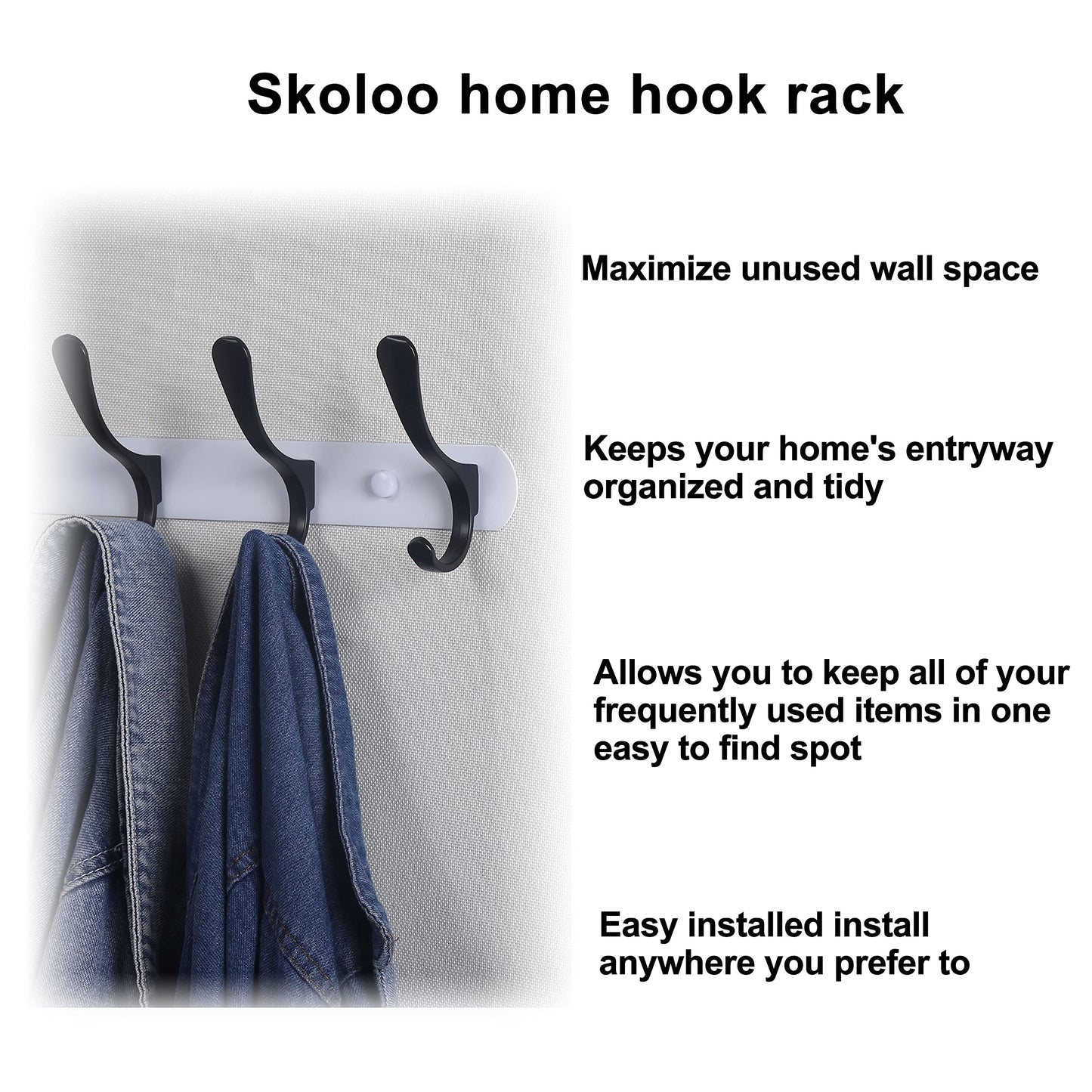 SKOLOO Coat Rack Wall Mount - Modern, Metal Wall Coat Rack with 5 Hooks, Pack of 2, Sturdy Wall Hook Rack Rail for Hanging Coat, Jacket, Clothes, Hat