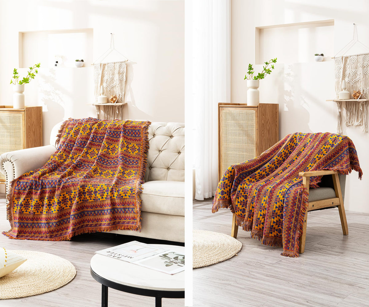 VANJOROY Bohemian Sofa Large Throw Blanket with Tassels For 2 3 Seater, 100% Handwoven Cotton Knitted Armchair Settees Throw for Couch and Bed (230 *