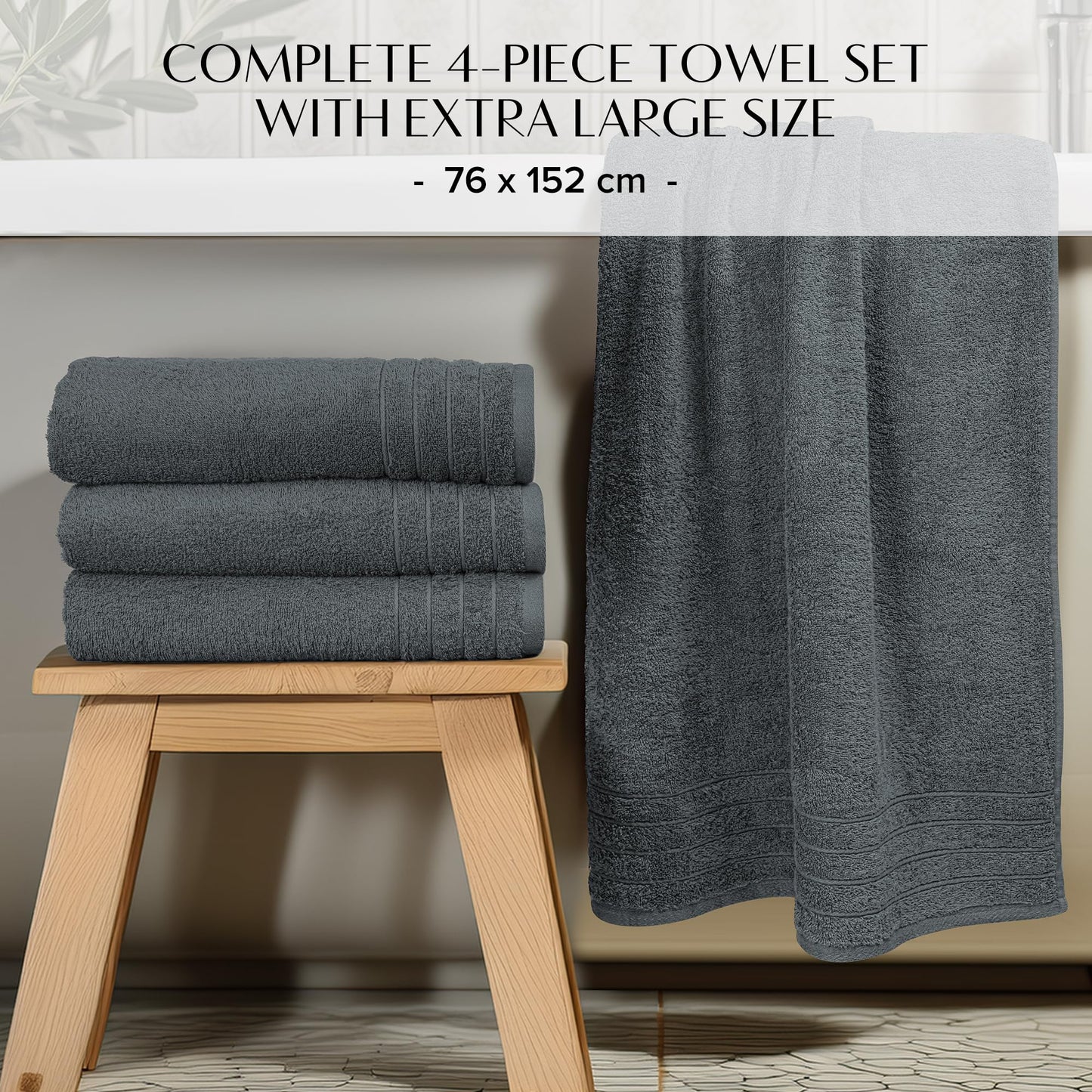 100% Cotton Extra Large Bath Towels Set of 4 (76x152cm) Dark Grey - 450 GSM