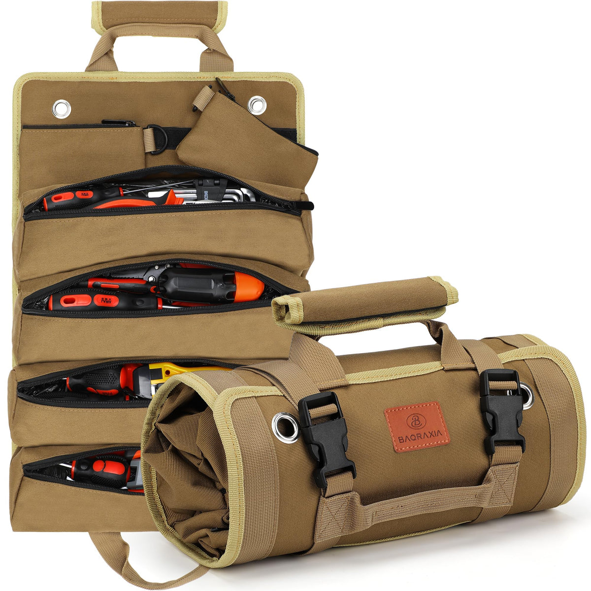 BAQRAXIA Tool Bag, Roll Up Small Tools Box Storage, Heavy Duty Tool Organizer with 2 Detachable Tool Pouch, Tool Gifts for Men Dad Husband Boyfriend