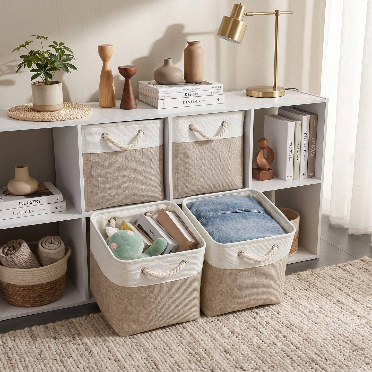 Mangata Canvas Storage Boxes, 30cm Cube Storage Bins Set of 6, Fabric Baskets with Cotton Rope Handle for Organizing Clothes Nursery Home