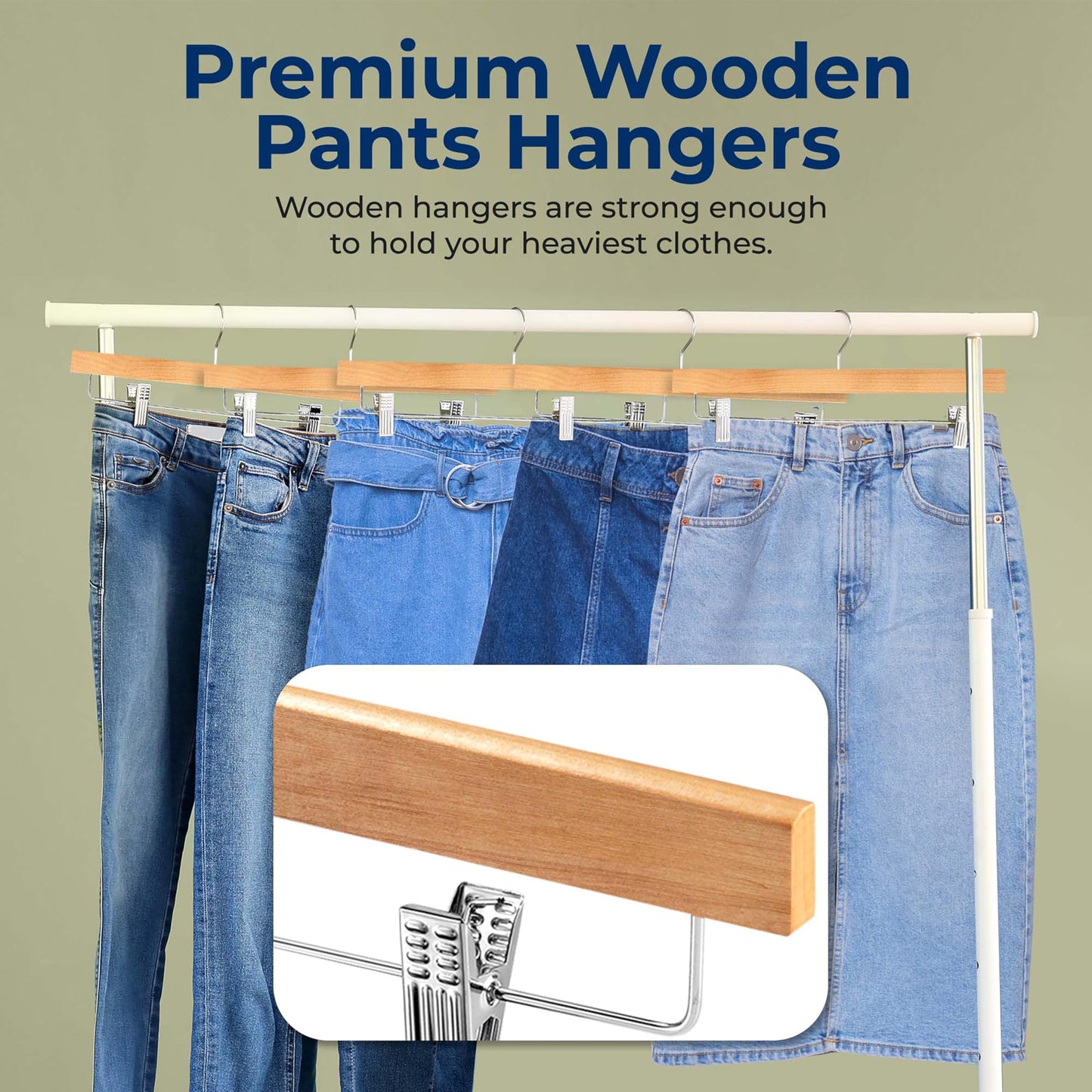 SereneLife 30pcs Natural Wooden Trouser Hangers, 35cm Anti-Slip Clips