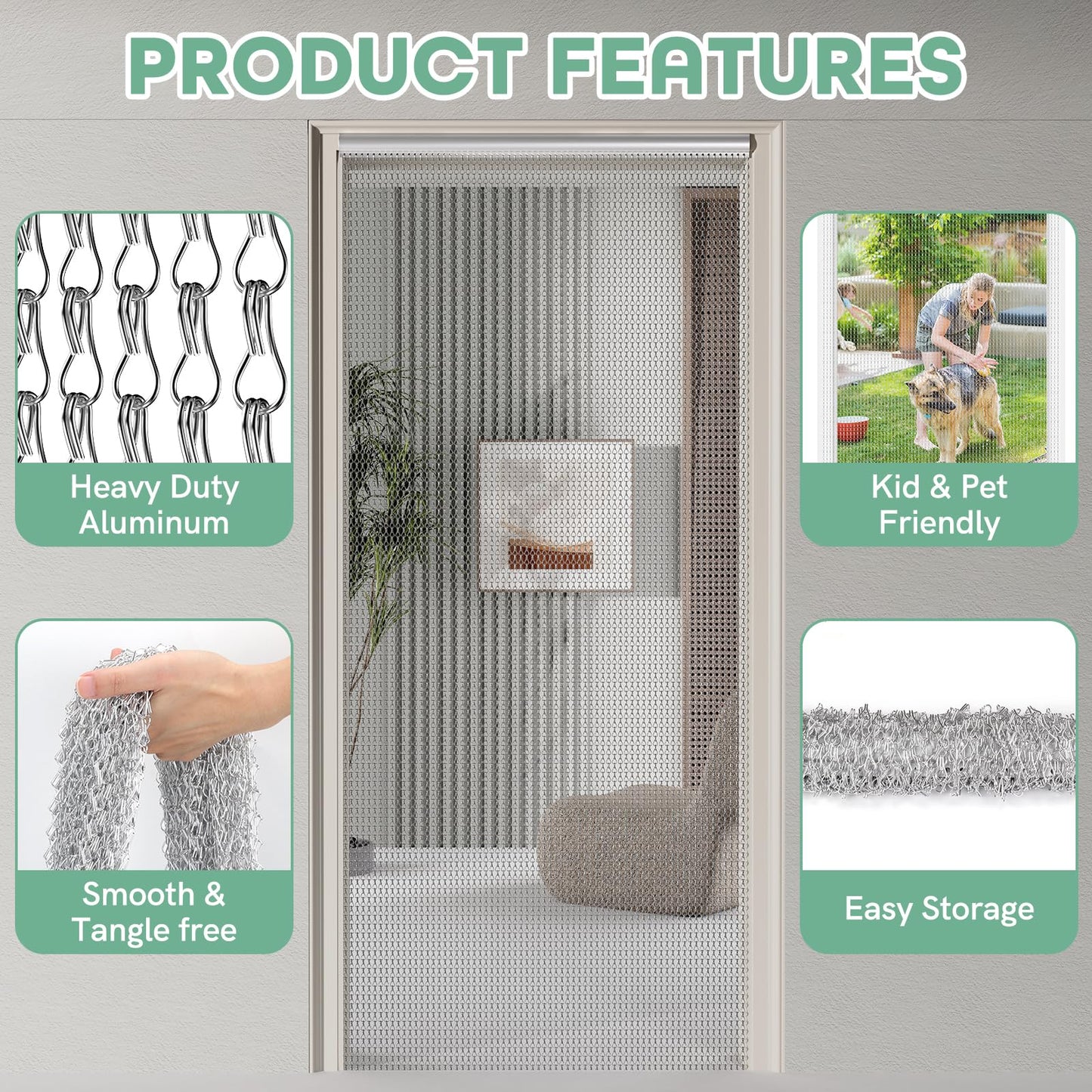 BriSunshine Premium Door Fly Chain Screens, 90 x 210cm Aluminium Chain Curtain Metal Fly Screen Curtain Insect Control for Doorways