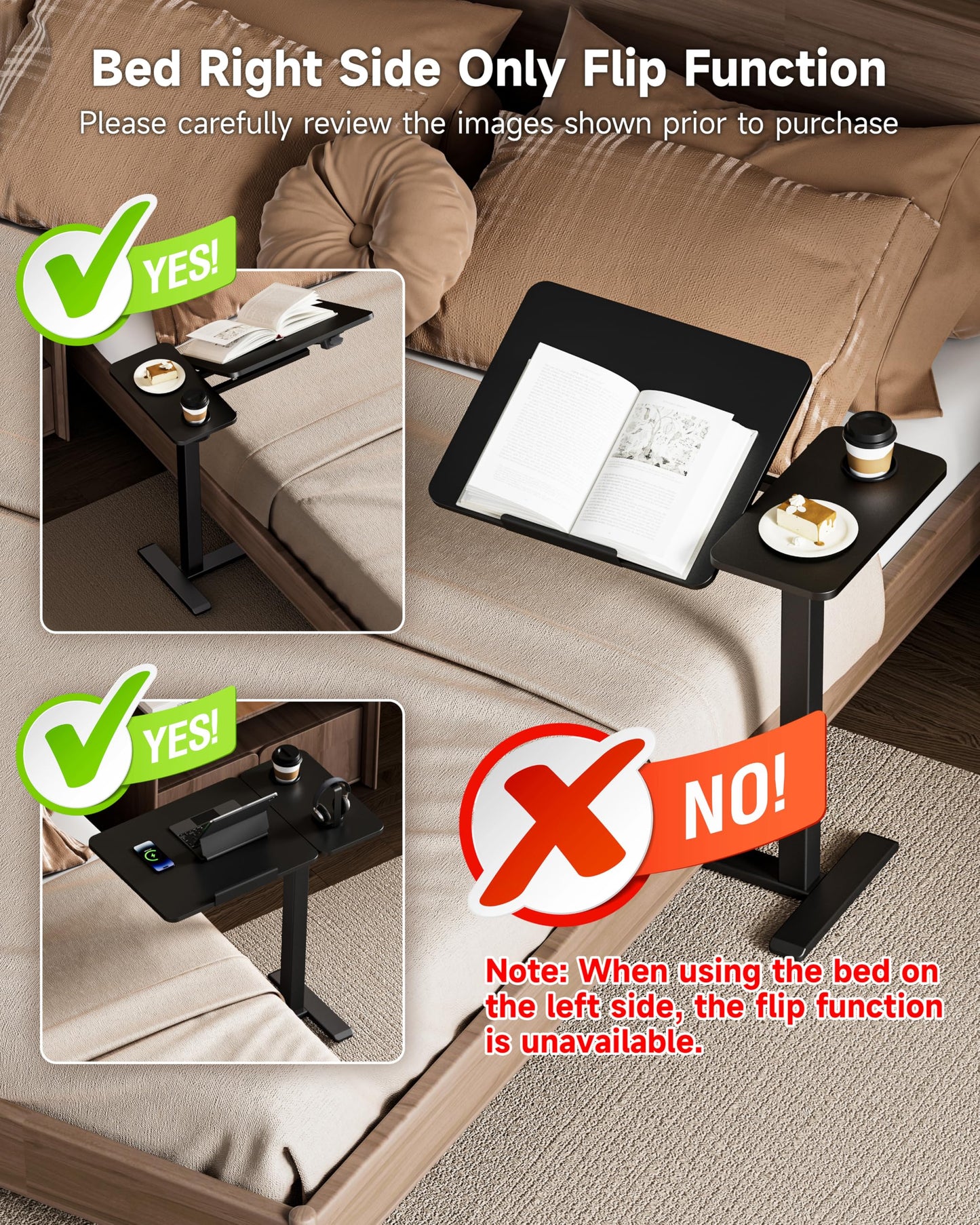 BZIUM Overbed Bedside Table with Hidden Wheels, Adjustable Medical Tilt Top Hospital Bed Table Over The Bed, Rolling Desk Mobile Standing Desk