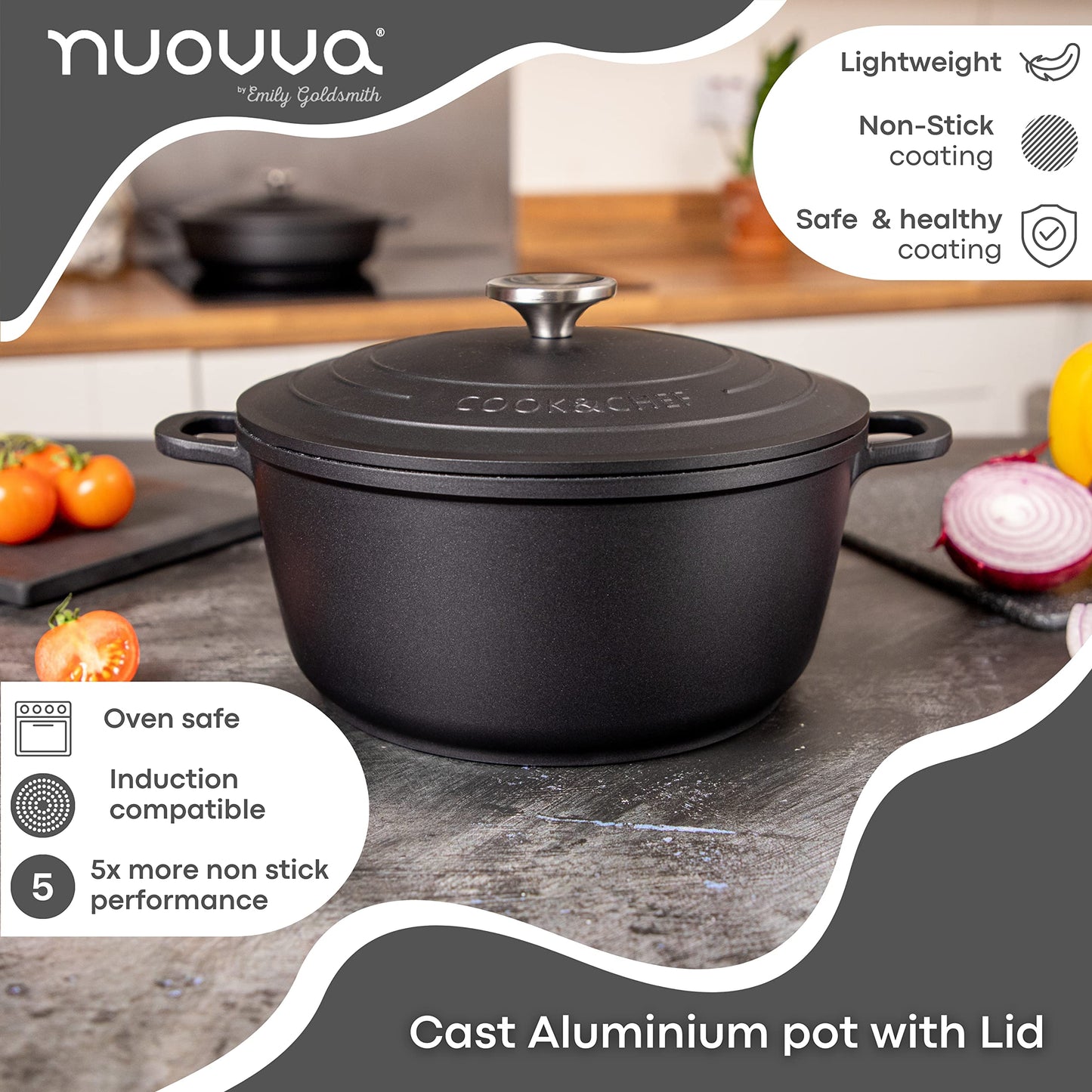 Non-Stick Aluminium Pot with Lid  Sturdy Deep Dutch Oven  Casserole Pot with Ergonomic Handles  4L, 24cm Oven Safe Cooking Pot  by Nuovva