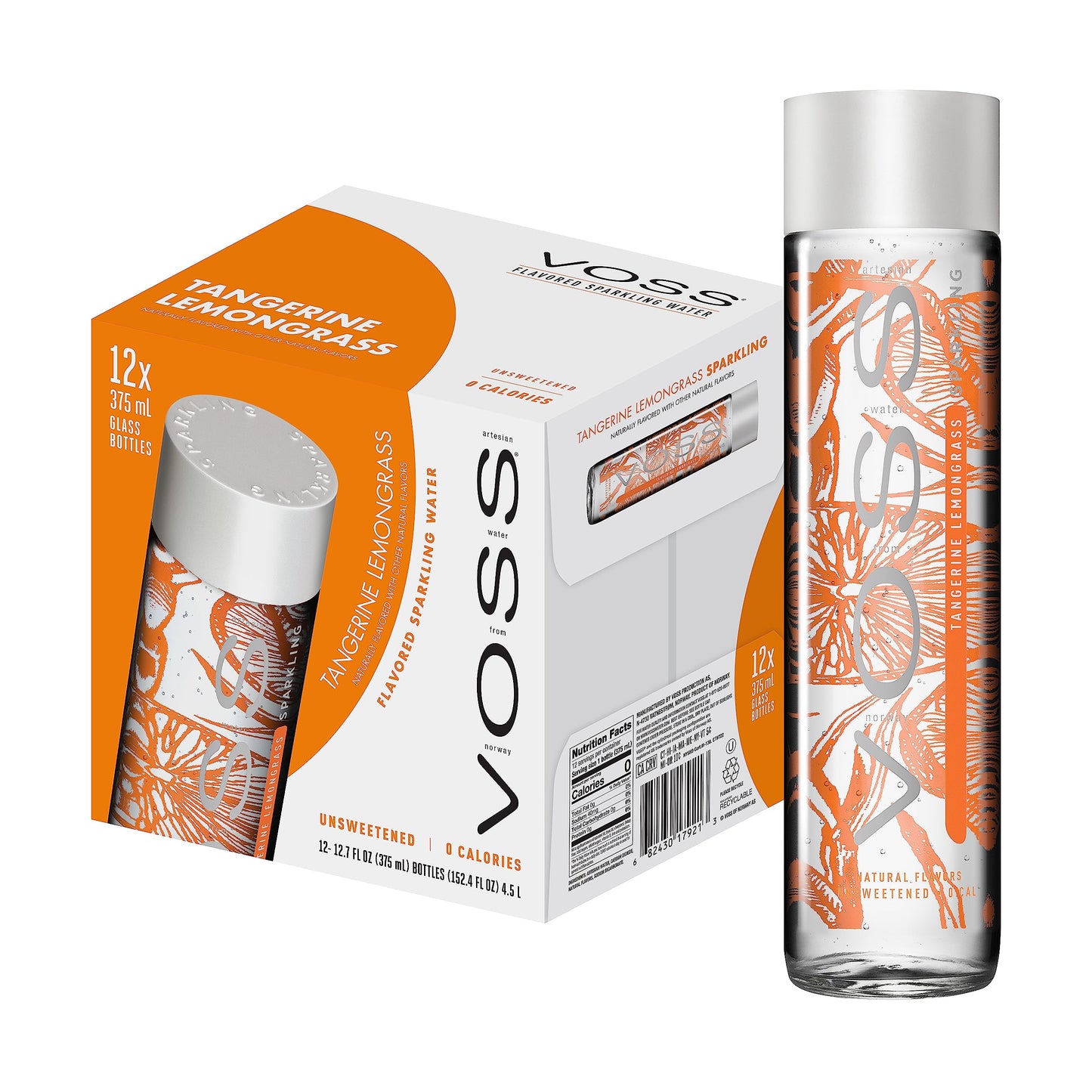 VOSS Tangerine Lemongrass Flavoured Sparkling Water, Pack of 12 x 375ml VOSS Original Glass Bottles, Zero Calories, No Sugar, Naturally Sourced