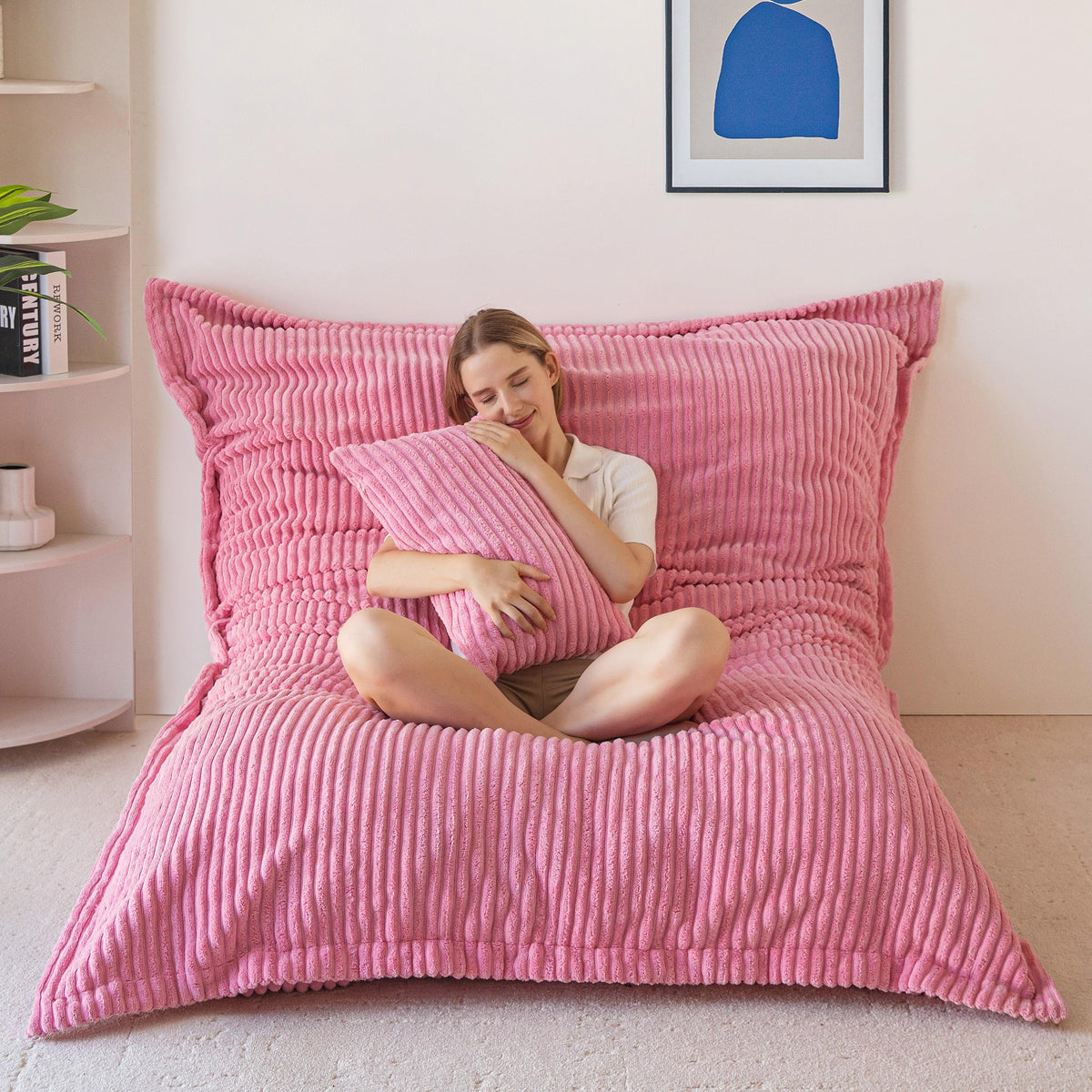 MAXYOYO Giant Bean Bag with Pillow, Soft Corduroy Removable Cover, Large Floor Cushion with Fluffy Foam Filling, BeanBag Chair for Adults & Kids