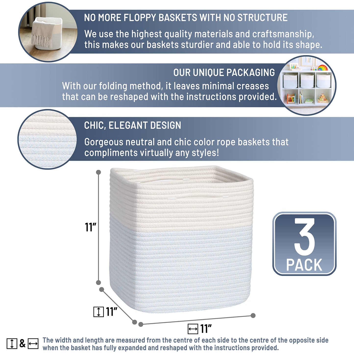 NaturalCozy Storage Cubes 11 Inch Cotton Rope Woven Baskets for Organizing, 3-Pack | Cube Storage Bin | Square Storage Baskets for Shelves Organizer