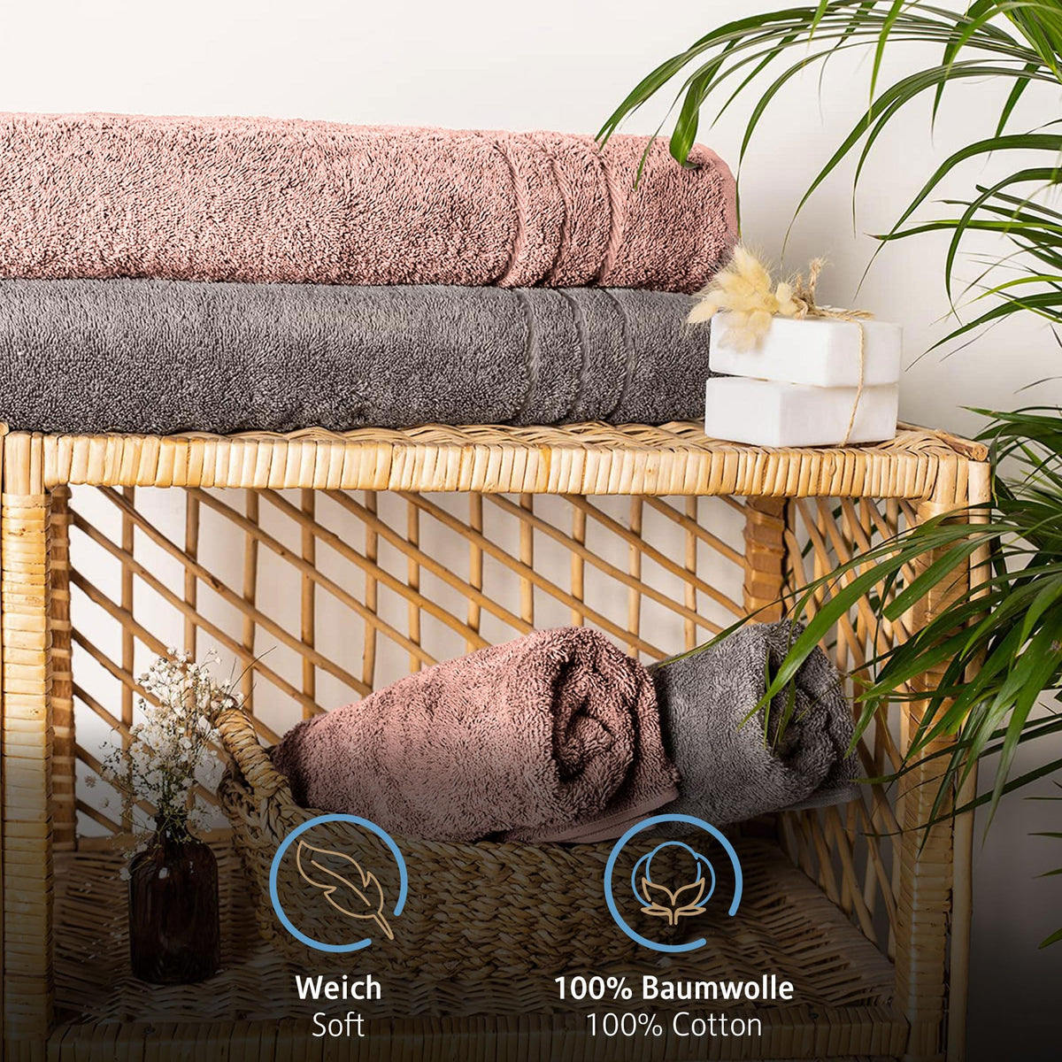 Komfortec Bath Towels, 100% Cotton, Quick Dry, 70x200, Grey & Pink