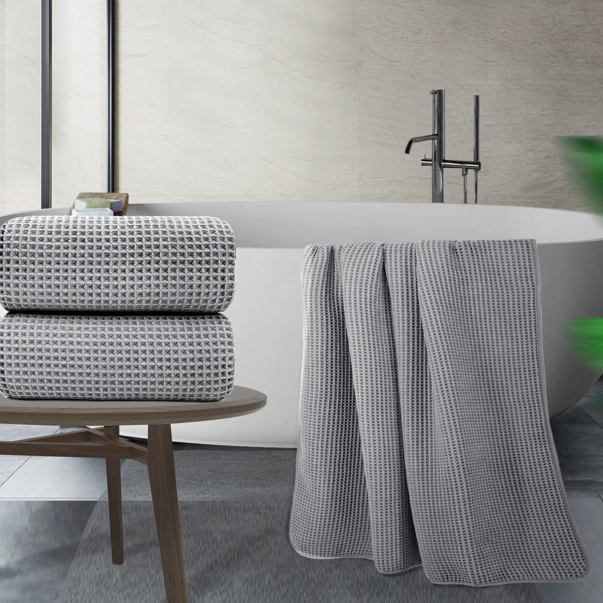 POLYTE Microfibre Quick Dry Lint Free Bath Sheet, 89 x 178 cm, Set of 2 (Gray, Waffle Weave)