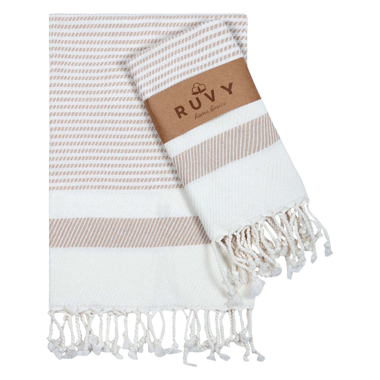 Ruvy Home Basics Turkish Hand Towels Set of 2 | 16x40 inches, 100% Turkish Cotton | Bathroom, Kitchen, Yoga, Gym, Spa, Tea, Dishcloth, Face - Beige
