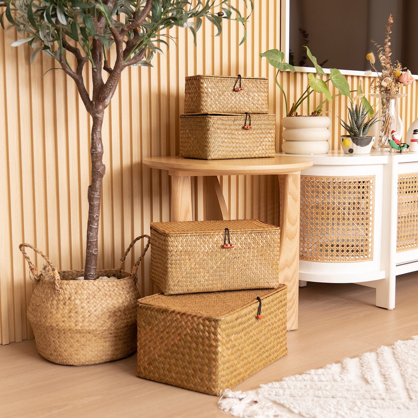 Wicker Storage Baskets with Lids, Set of 4 Seagrass Baskets, Rattan Woven Rectangular Basket Bins for Shelf Organization