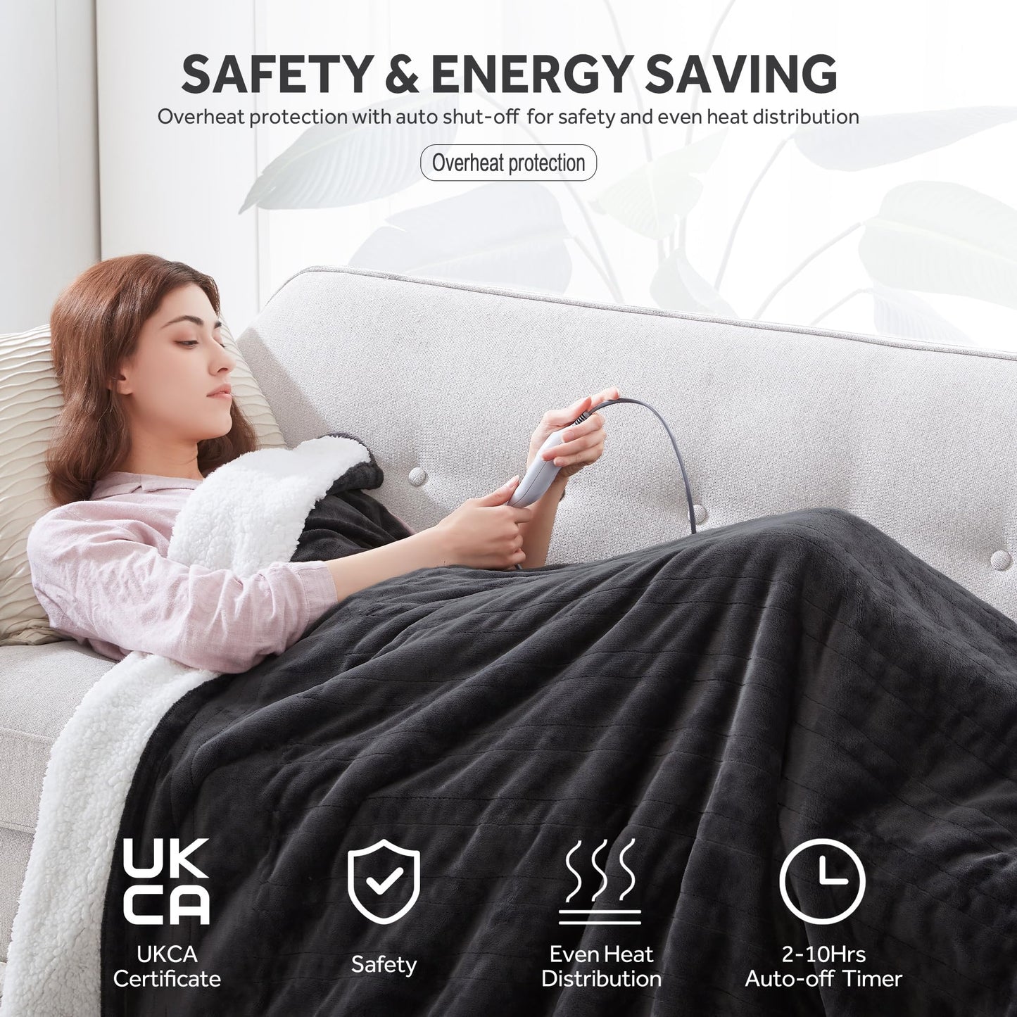 Warmrest Electric Heated Blanket Double Size Large Soft Flannel Sherpa, 6 Heat Levels Fast Heating, 1 to 10 Hours Auto-Off Detachable Controller