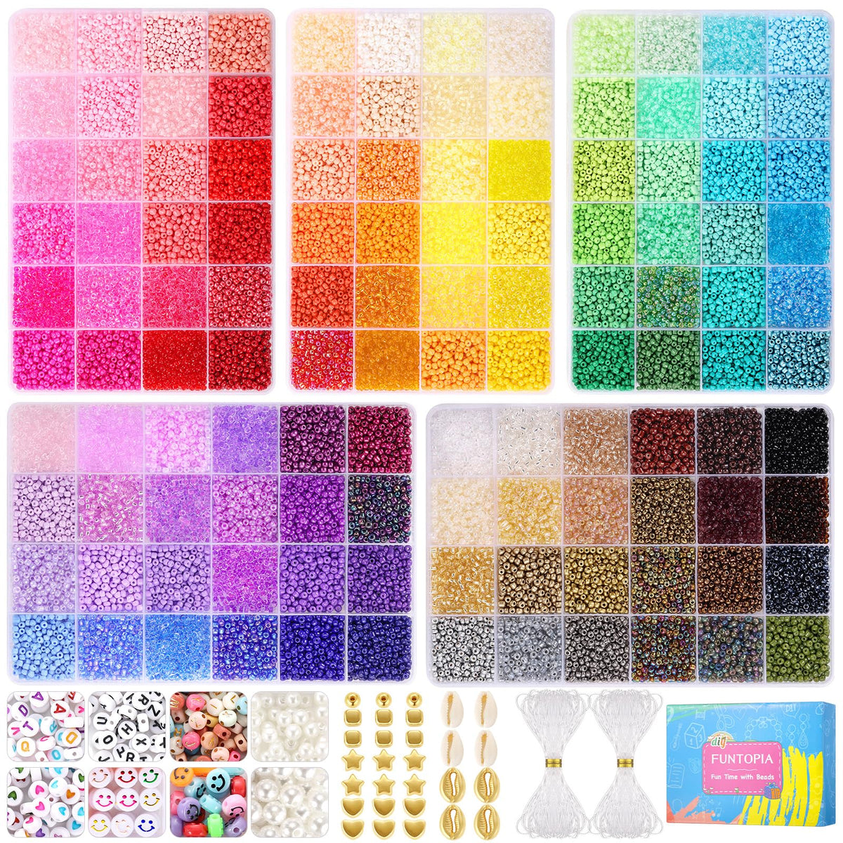 Funtopia 3mm 37000+Pcs Seed Beads for Jewellery Making, 120 Colors Glass Seed Beads for Bracelet Making, Friendship Bracelet Kit with Alphabet Letter