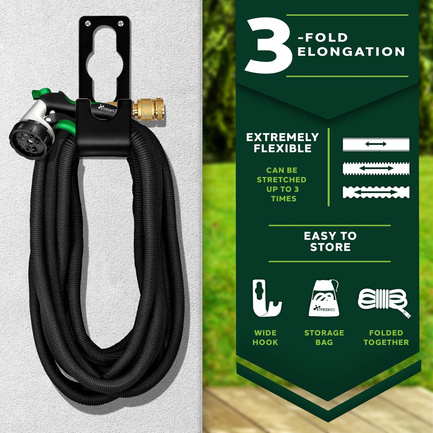 TRESKO Expandable Garden Water Hose Pipe- 8-Pattern Spray Gun Anti-Leakage with Brass Fittings, Triple Latex Core & Hose Hook/Hanger, Magic-Hose Pipes