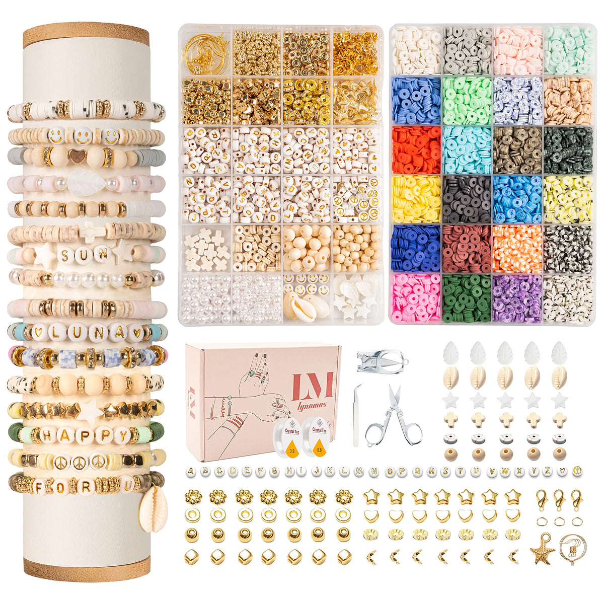 Lynnmos Clay Beads 8000 Pcs 2 Boxes Bracelet Making Kit - 24 Colors for Bracelet Making Set - Heishi Disc Beads for Jewelry Making kit with Charms and