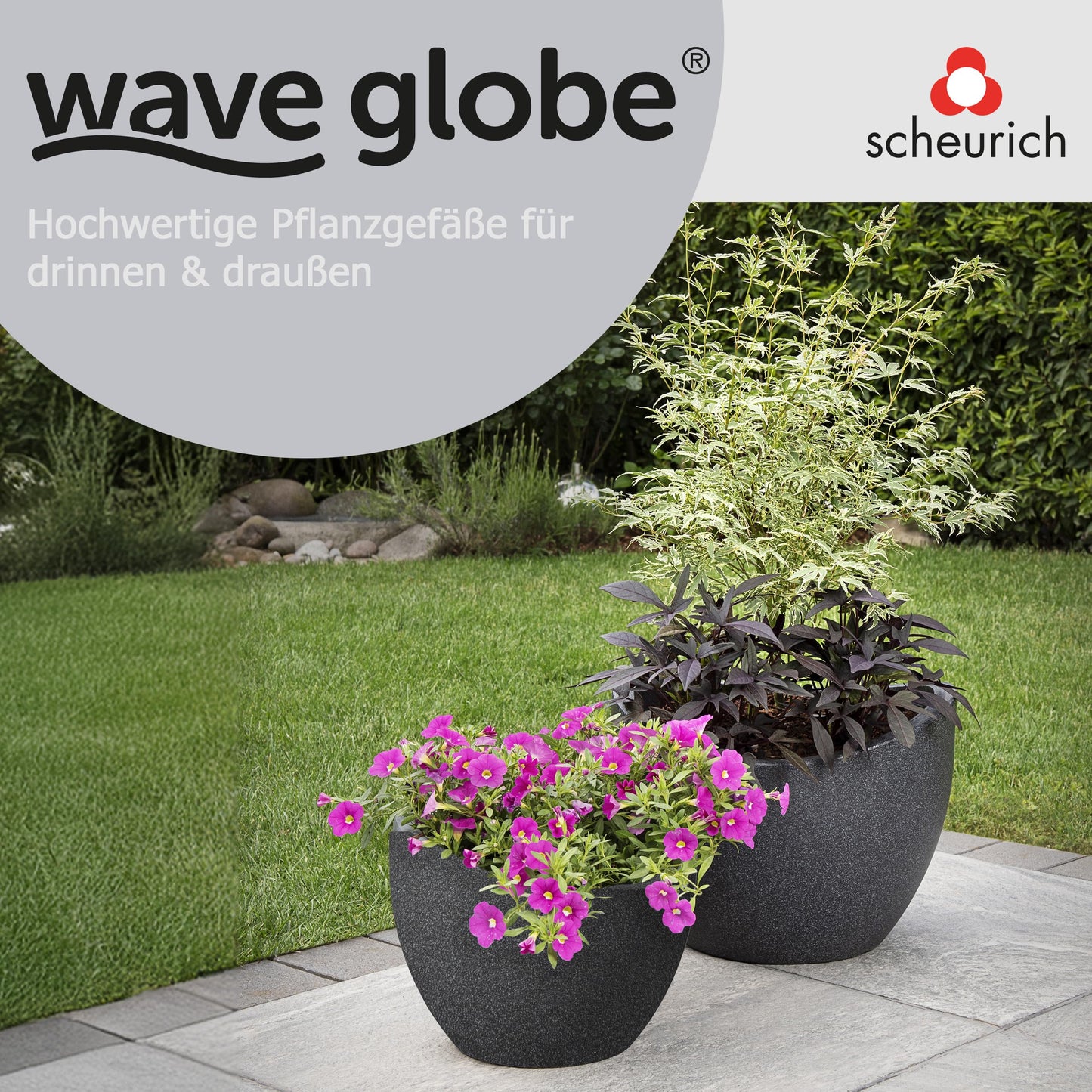 Scheurich Wave Globe, Planter made of Plastic, Black-Granite, 50 cm diameter, 37 cm height, 37 l Vol.