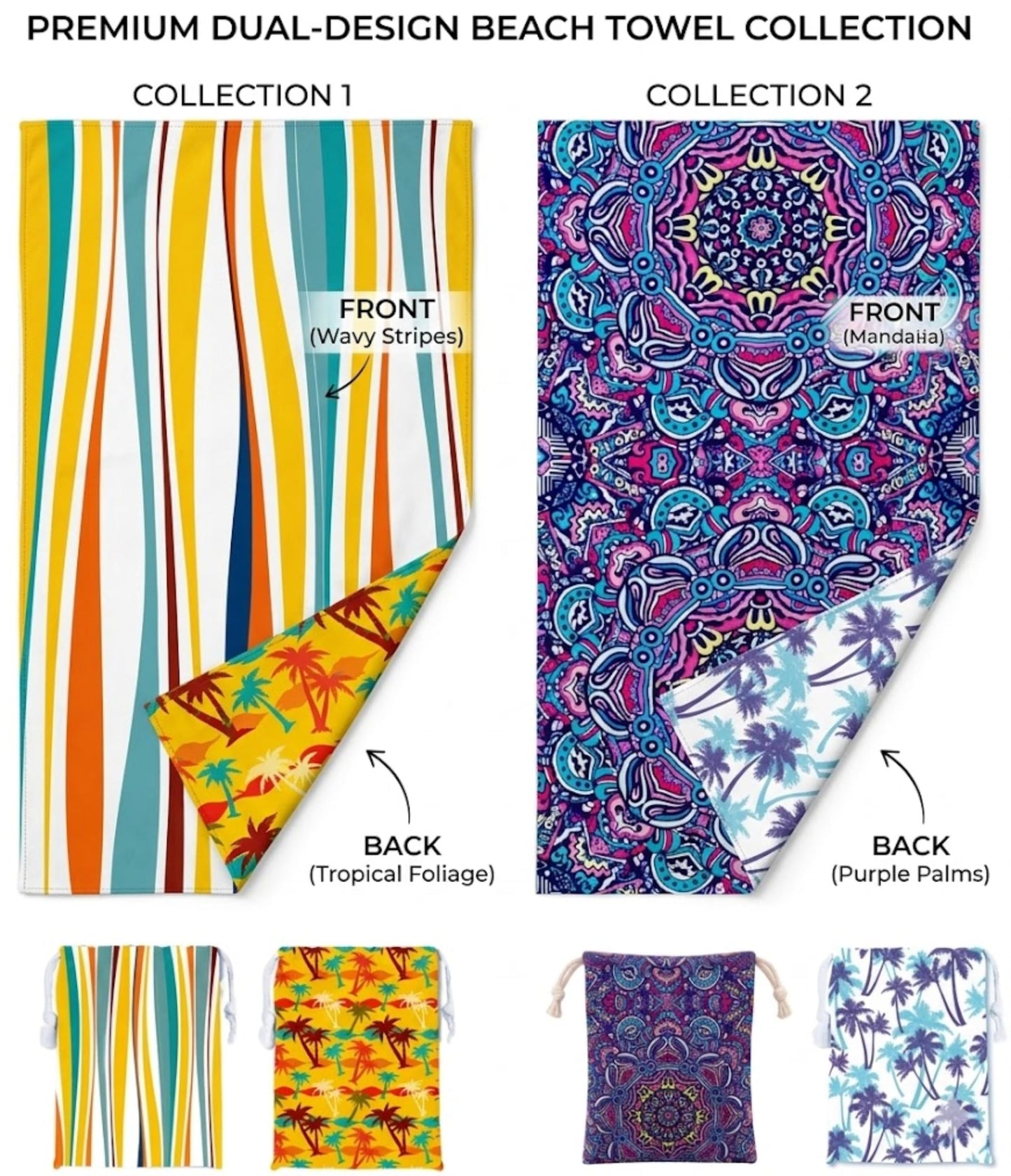 RB INTERNATIONAL Beach Towel with Bag 2 Pack 160x80cm for Adults, Microfibre Waffle Weave, Quick Dry, Sand Free, Lightweight, Compact & Eco-Friendly