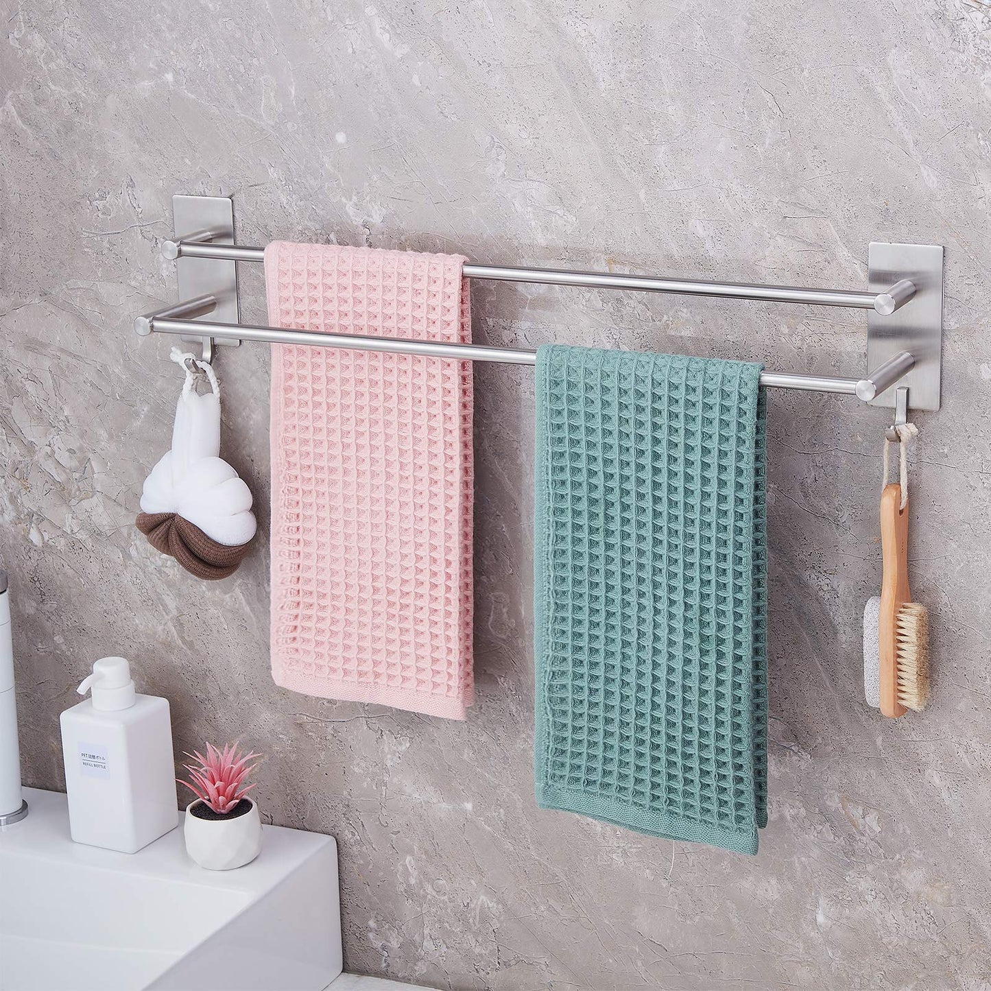 JS Towel Rail Self Adhesive 2-Tier Double Towel Holder rack Multi Towel Bar with 2 Hooks SUS304 Stainless Steel Robe & Bath Towel Rails 60CM/23.6inch