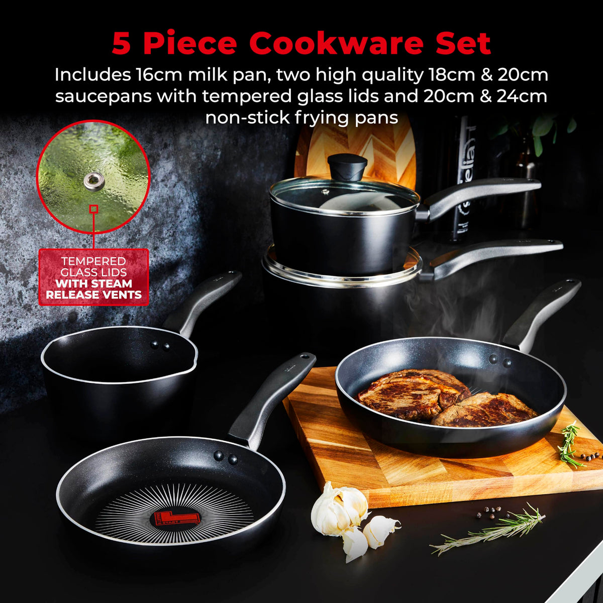Tower T700314 SmartStart Gourmet 5 Piece Cookware Set with Easy Clean Aeroglide Non-Stick Coating, Oven Safe, Long Lasting, PFOA Free, Black