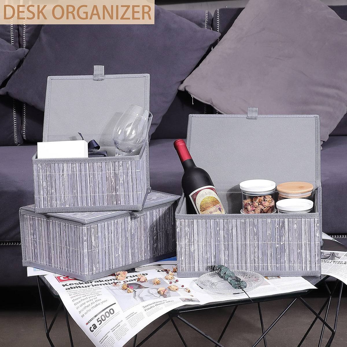 Honygebia Storage Box with Lid, Grey, Bamboo Decorative Storage Basket, Set of 3 Rattan Baskets with Lid, Woven Fabric Insert for Bathroom, Kitchen