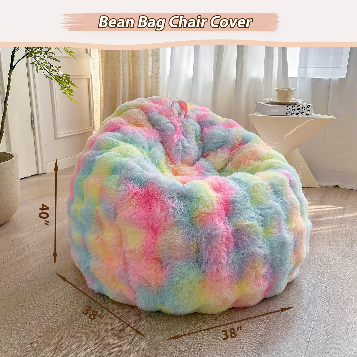 LIFEREVO 3FT Fluffy Faux Rabbit Fur Bean Bag Cover, No Filler, Rainbow