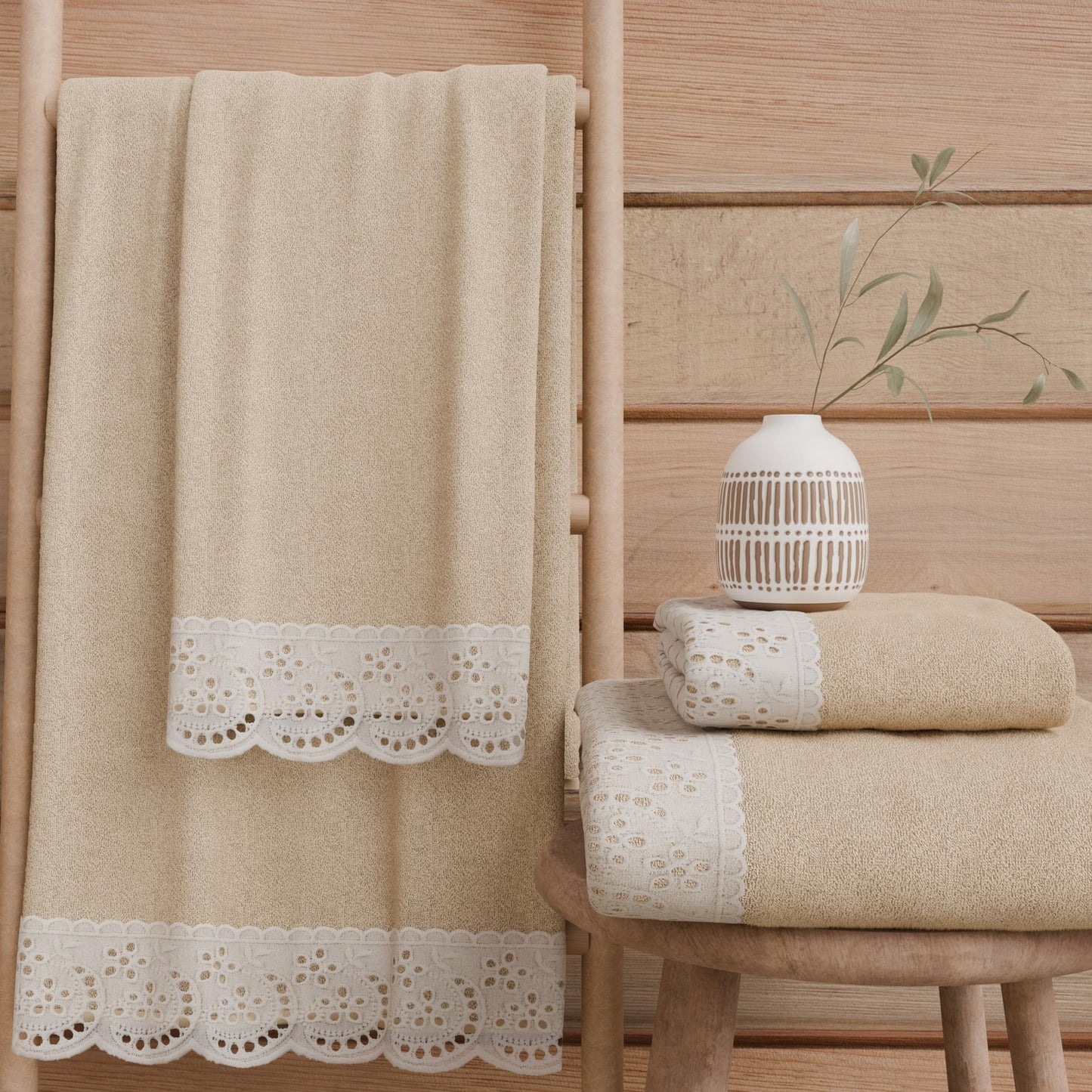 PETTI Artigiani Italiani - 100% Cotton Terry Bath Towels, 1+1 Towel Set, 2 Pieces, 1 Face Towel and 1 Hand Towel, Beige