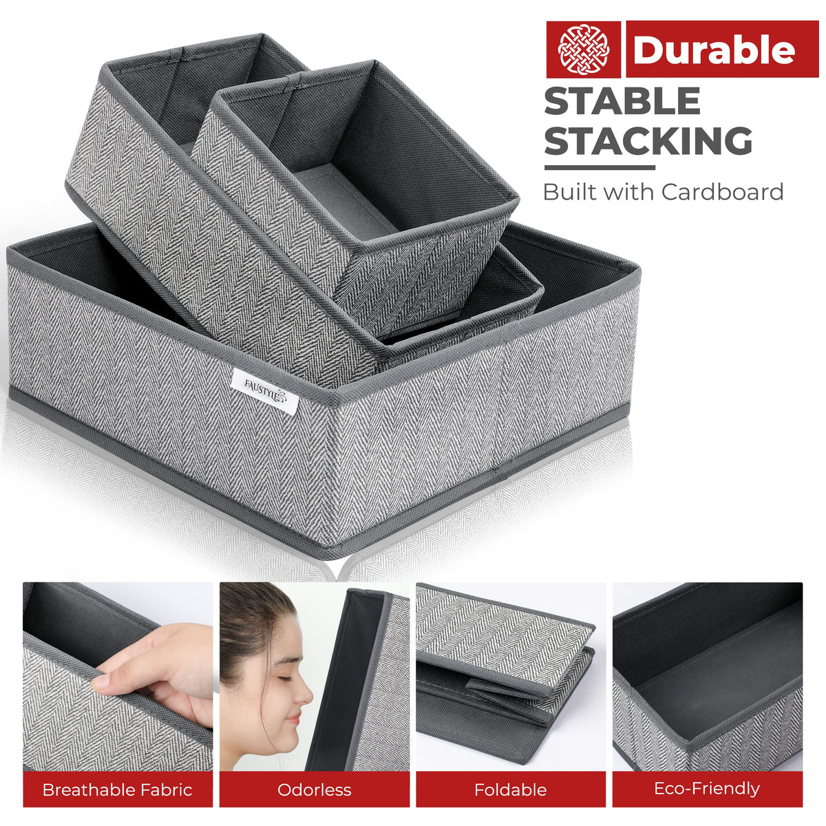 Faustyle Drawer Organisers – Pack of 6 wardrobe storage organizer with Sturdy Fabric & Foldable Cardboard Inserts - Organiser storage for Underwear