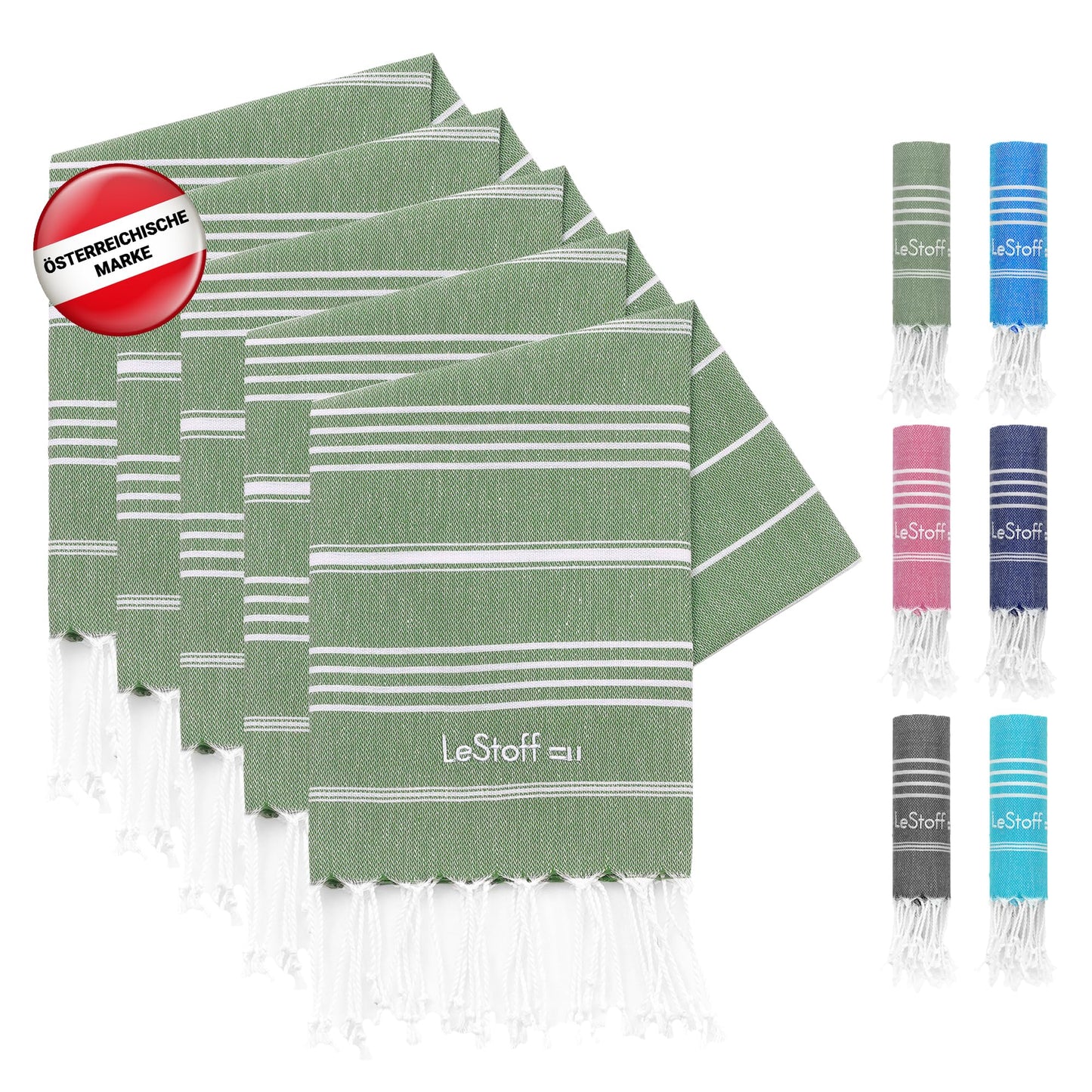 LeStoff 5-Pack Hammam Towels/Guest Towels, Organic Cotton, 50x100 cm, Olive