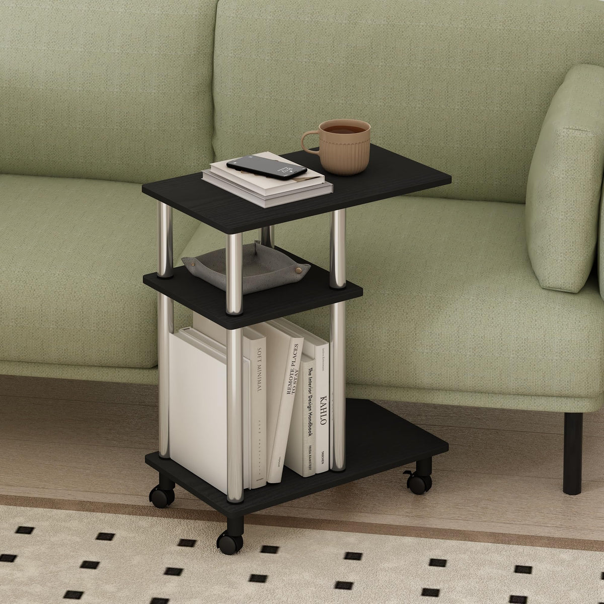 Furinno TOMI Side Table, 3-Tier C-Shape Open Shelf End Table with Wheels, Night Stand, Bedside Table, Toolless Assembly, for Living Room, Bedroom