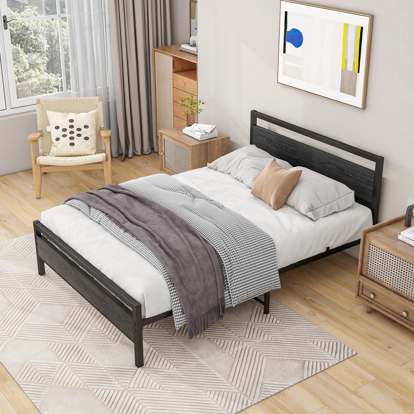 BOFENG 4ft6 Double Bed Frames with Wood Headboard,Heavy Duty Metal Platform Bed Frame Double Bed No Box Spring Needed,Mattress Foundation/Under Bed