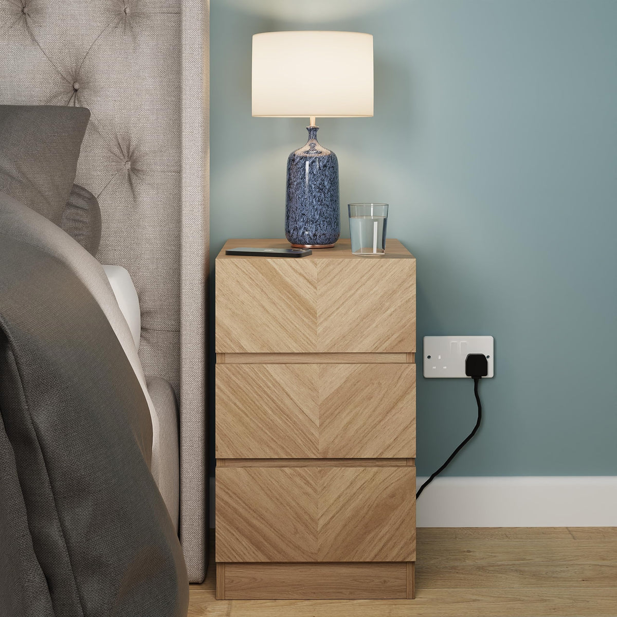 GFW Catania Pair of bedside Drawers, Chest Of Drawers Sideboard Cabinet, Modern Herringbone Design Wood Effect Finish Bedroom Furniture Storage Chest,