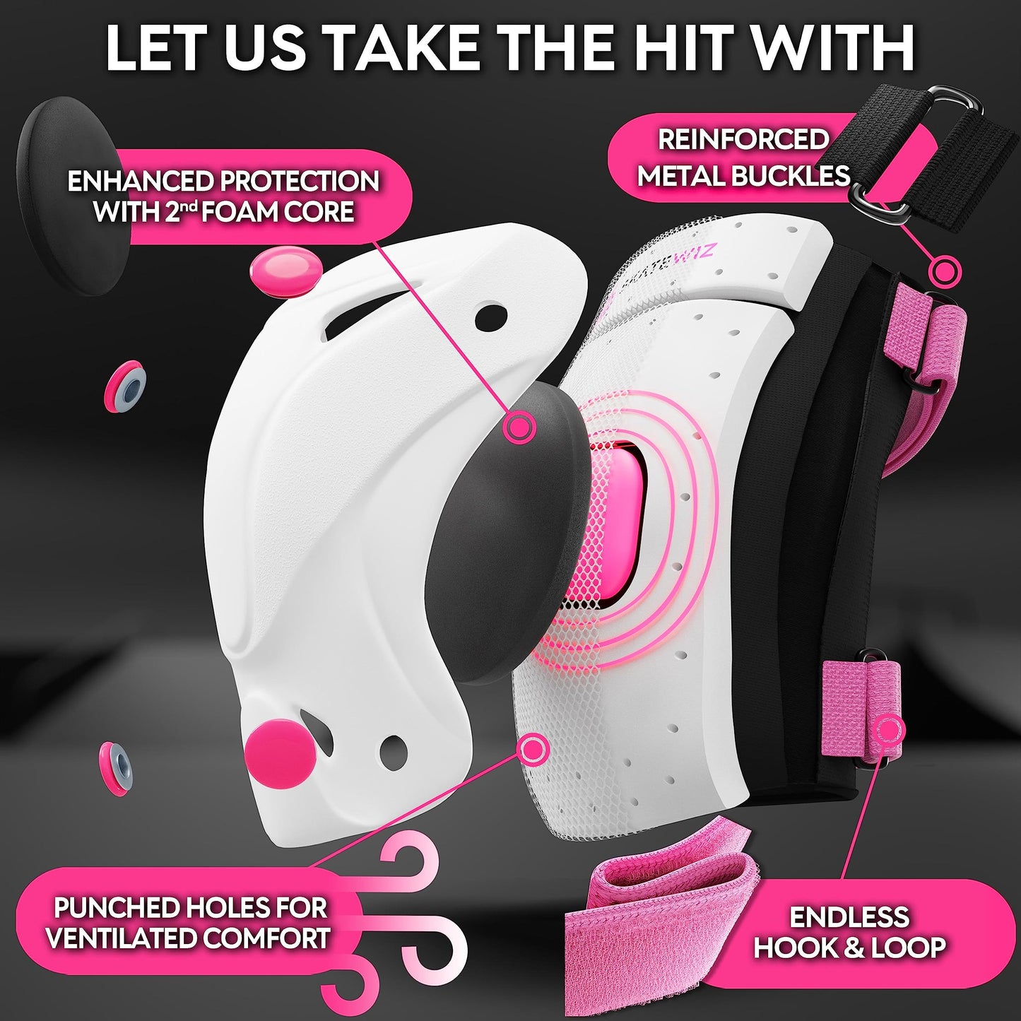 SKATEWIZ Kids Knee and Elbow Pads - PROTECT-1 - Knee Pads Kids Knee and Elbow Pads for Children - S Pink Kids Knee Pads Scooter Knee Pads Skate Pads
