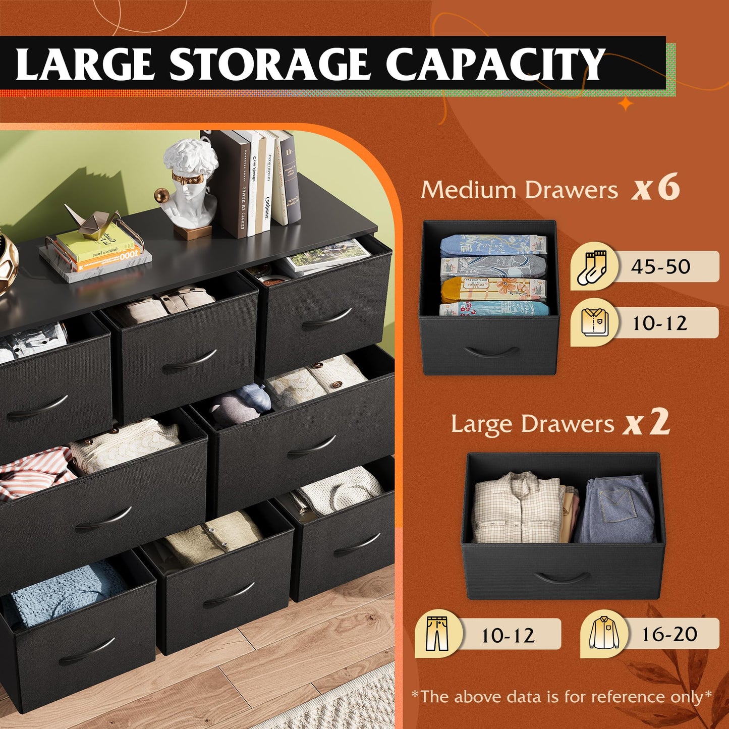 WLIVE Black Chest of Drawers, 8 Fabric Drawers Dresser Bedroom, Living Room