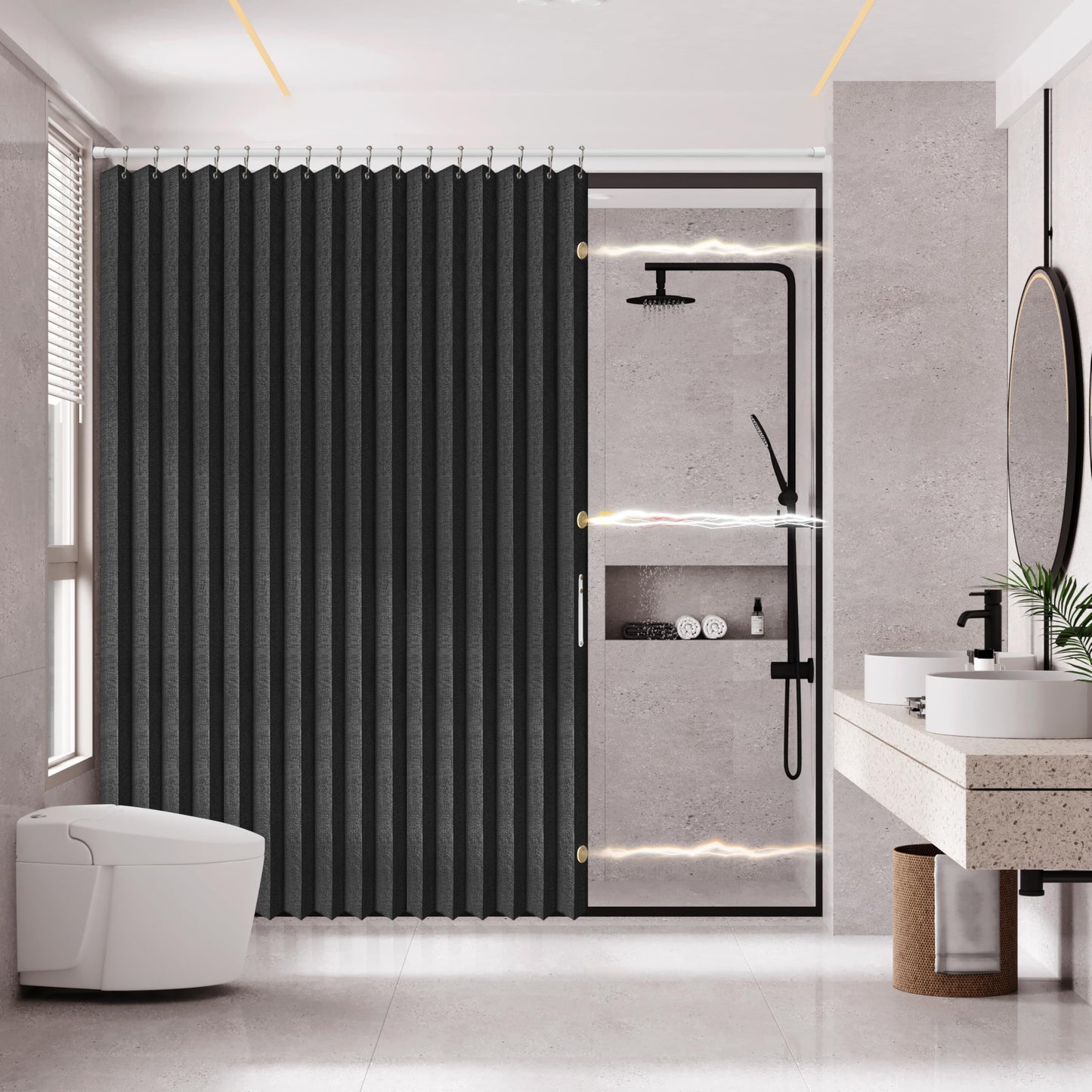 AJAZZ, Magnetic Folding Shower Curtains, Fabric Polyester Material, Shower Curtain Hook, Waterproof Shower Curtain, Suitable for Family, Hotel,
