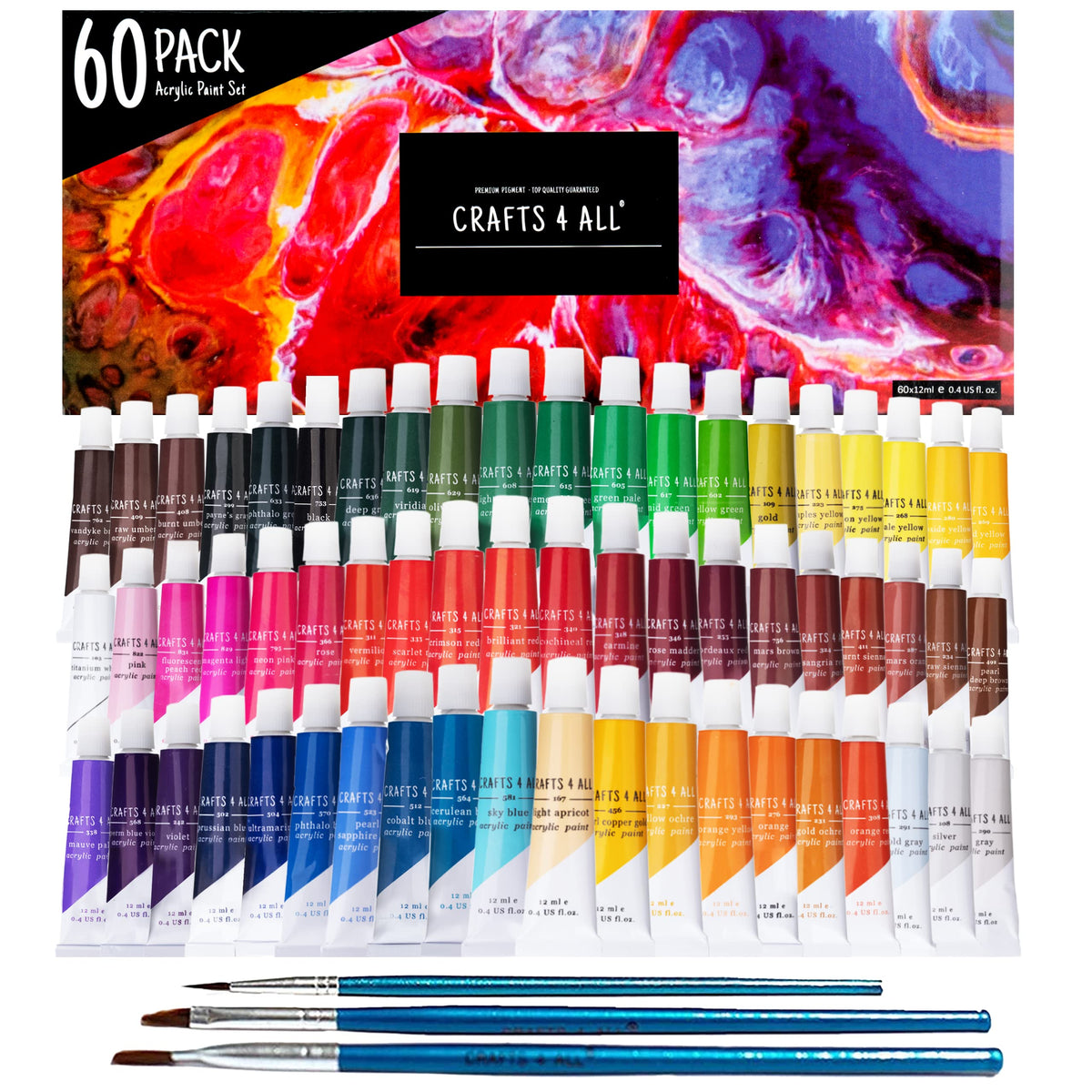 Crafts 4 ALL Acrylic Paint Set - 60 Paints for Canvas, Wood, Ceramic & Fabric ? Non-Toxic, Vibrant Pigments for Beginners, Adults and Professional
