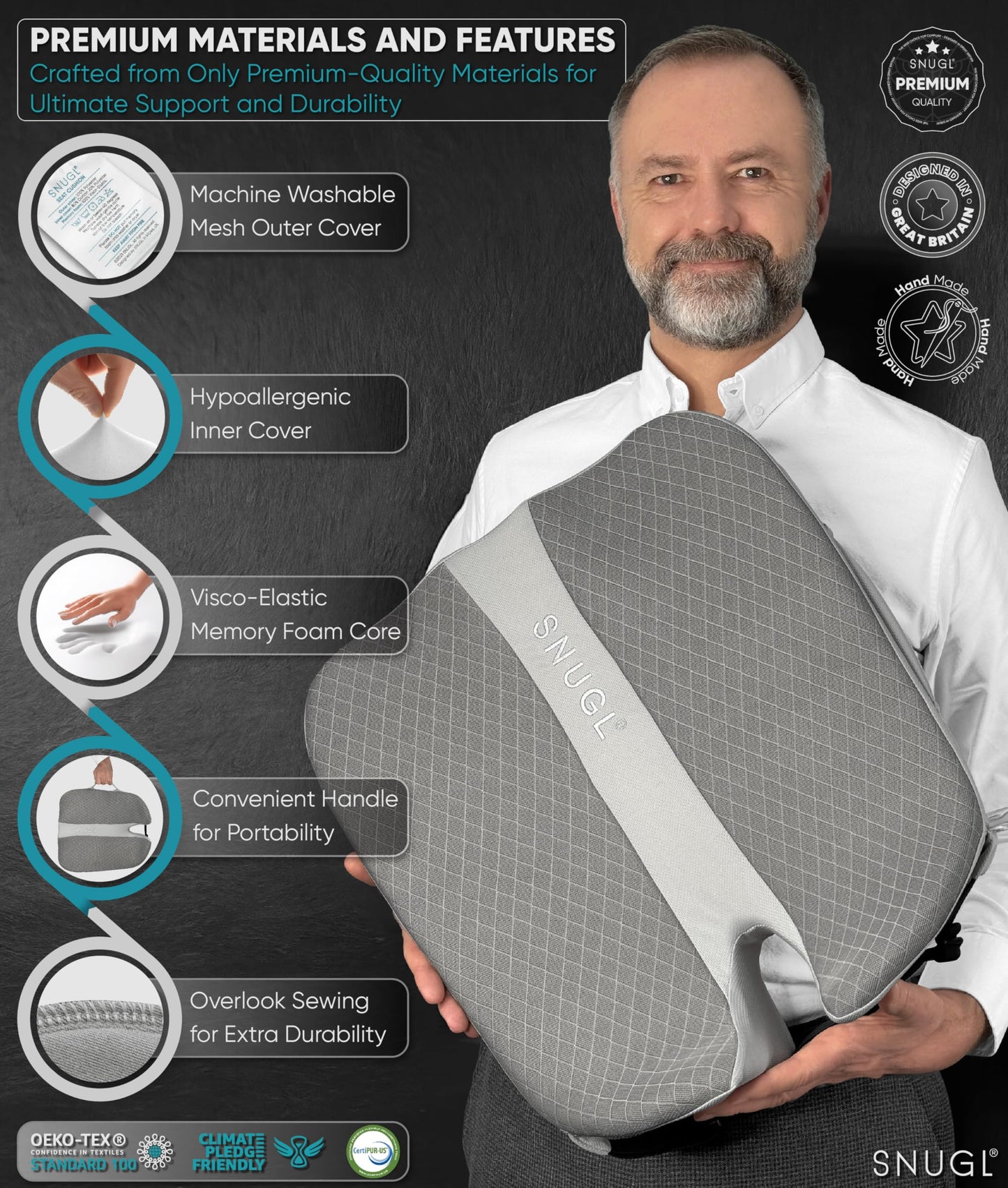 SNUGL Memory Foam Seat Cushion - Ergonomic Coccyx Cushion for Sciatica Pain Relief, Perfect for Car Seat, Office Chair, Gaming and More