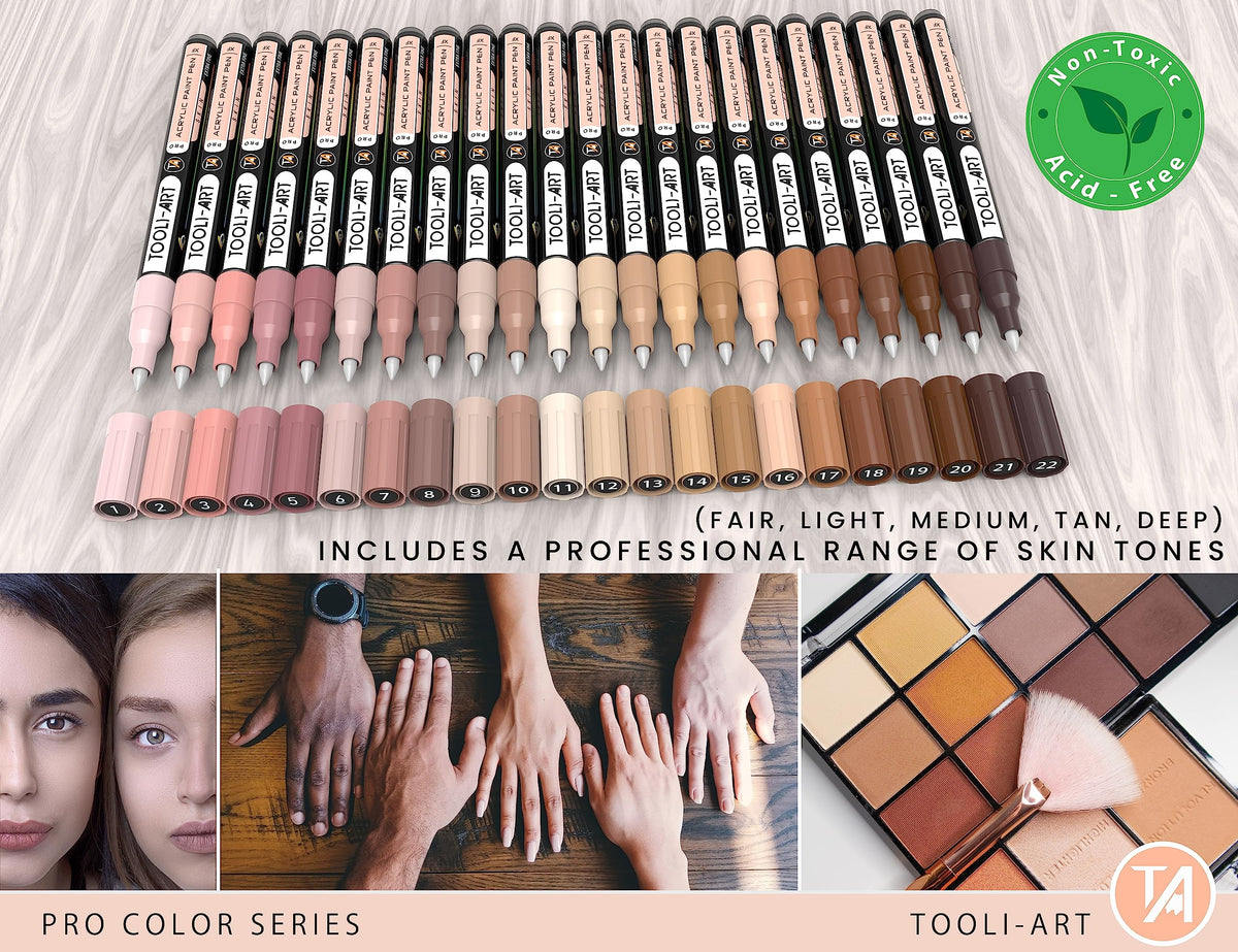 Acrylic Paint Pens 22 Skin Tones Assorted Pro Colour Series Markers Set 0.7mm Extra Fine Tip for Rock Painting, Glass, Mugs, Wood, Metal, Canvas,