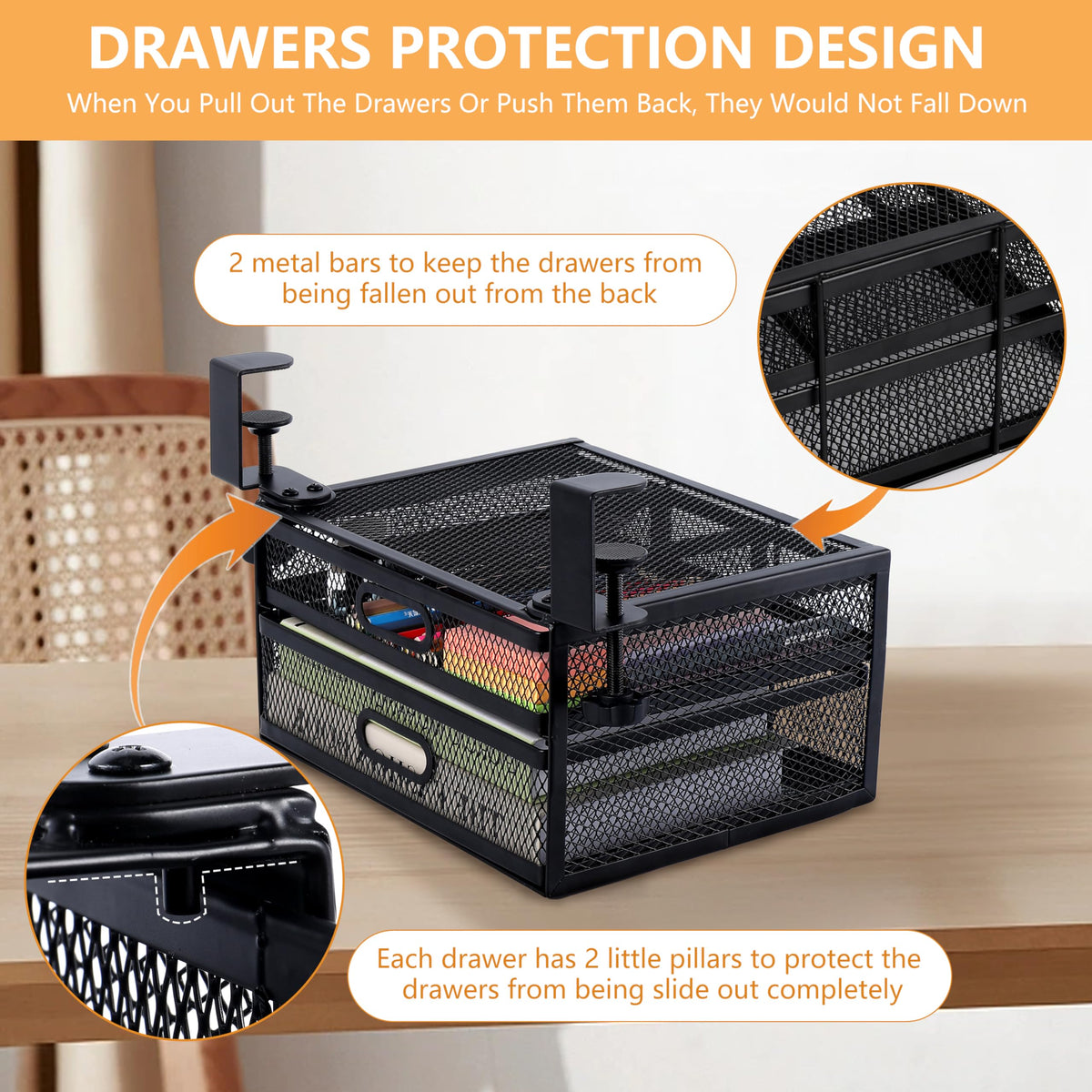 ROLIZOE Clamp On Under Desk Drawers 2 Large Capacity Mesh Metal Drawers Slide Out Under Desk Storage No Drill Under Desk Drawer Organiser Anti-Slip