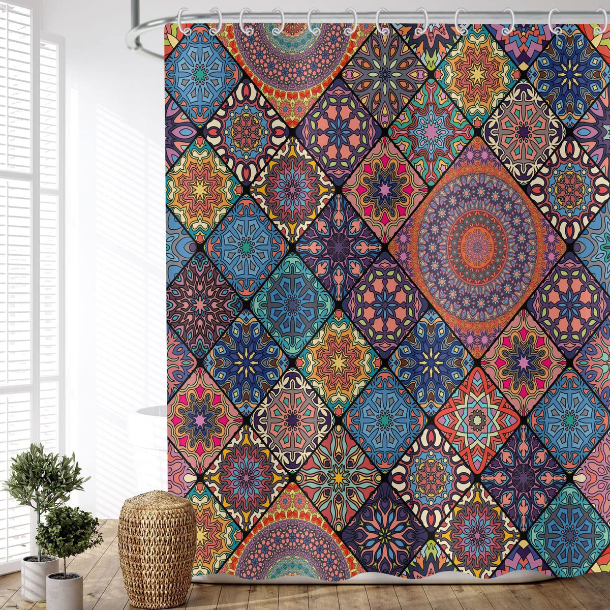 ASDCXZ Shower Curtain Boho 180x200 cm, Retro Boho Geometry Datura Colorful Motif Waterproof Textile Bath Shower Curtains Washable Polyester Fabric