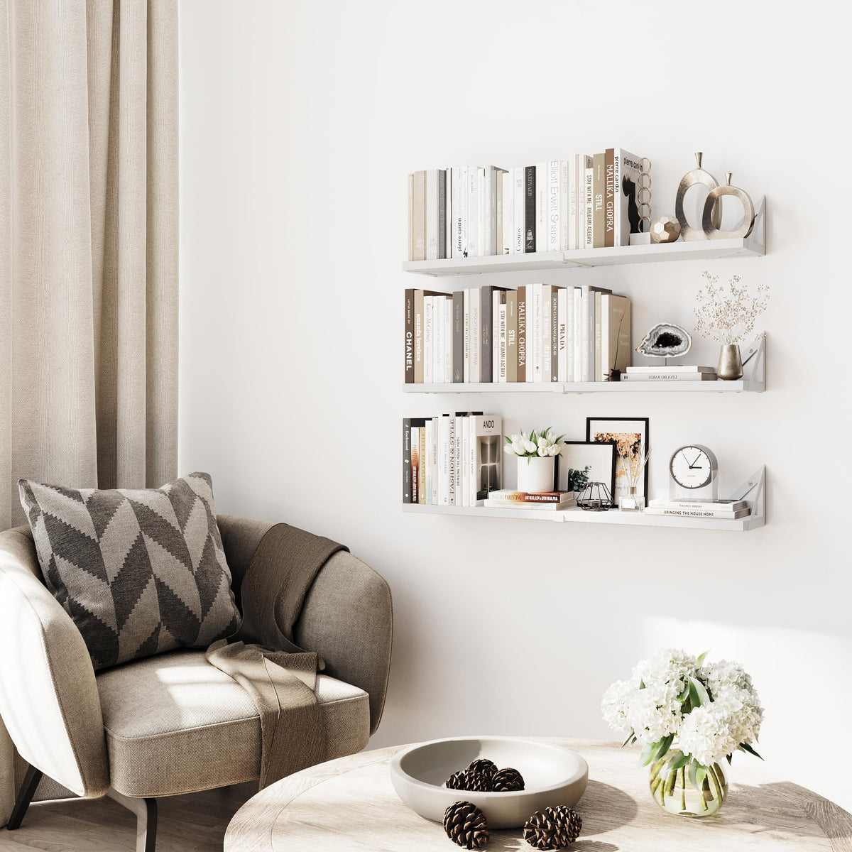 CASSA Wall Mounted Floating Book Shelves for Wall Set of 3, Shelf Bookshelf for Bedroom Living Room Office Bathroom Kitchen Rustic Wood with Metal