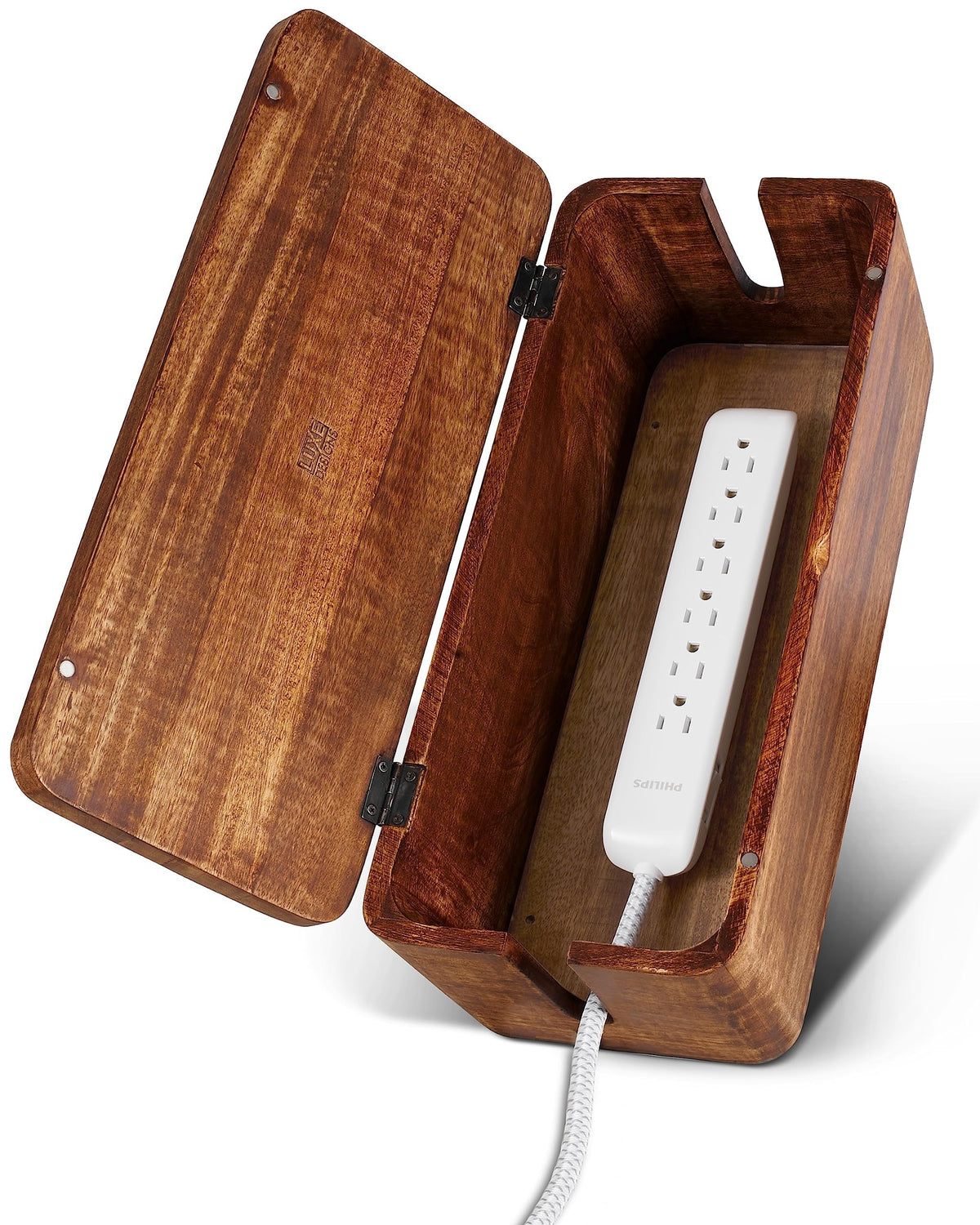 Luxe Designs Cable Management Box ? Large Extension Cable Box for Desk, Home or Office ? Natural Mango Wood Cable Tidy Box to Hide Wires, Power