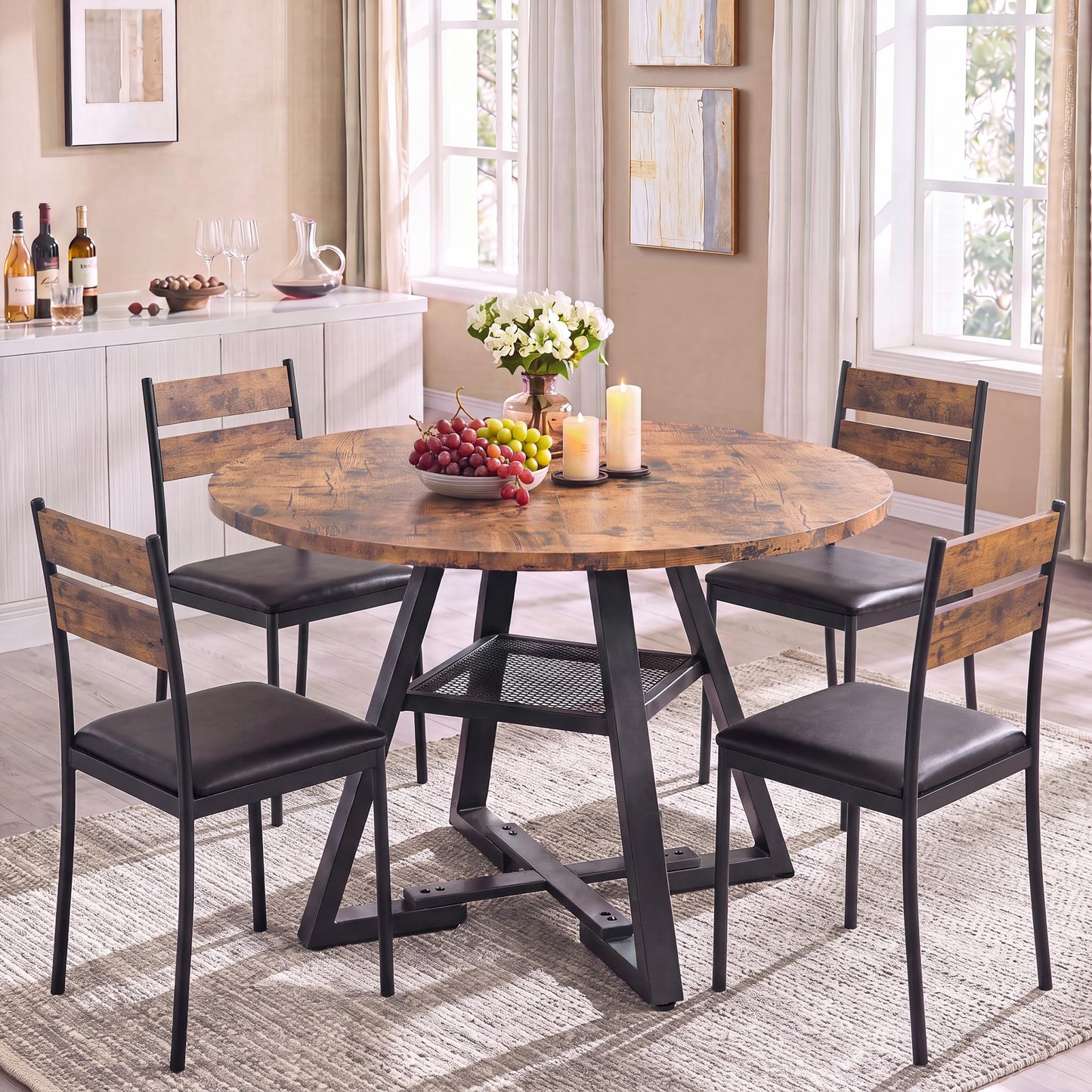 Jocoevol Round Dining Table for 4 People, Circle Dinner Table with Shelves, Space Saving Wood Kitchen & Dining Room Furniture (Vintage, 47 inch